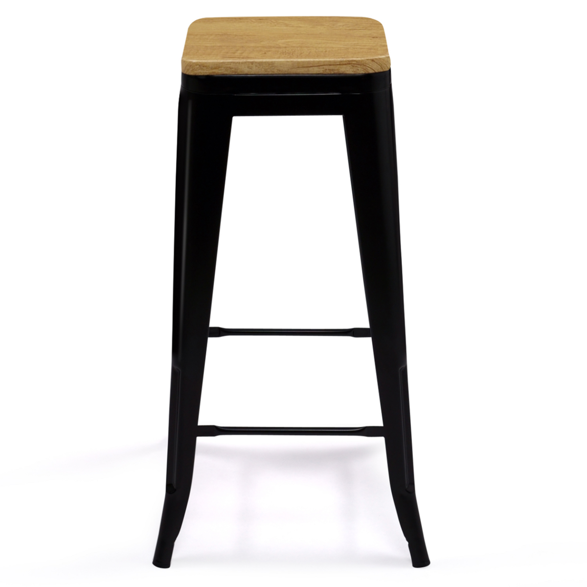 ID MARKET Lot de 4 tabourets de bar LENY métal noir mat assise bois empilable aspect brut factory