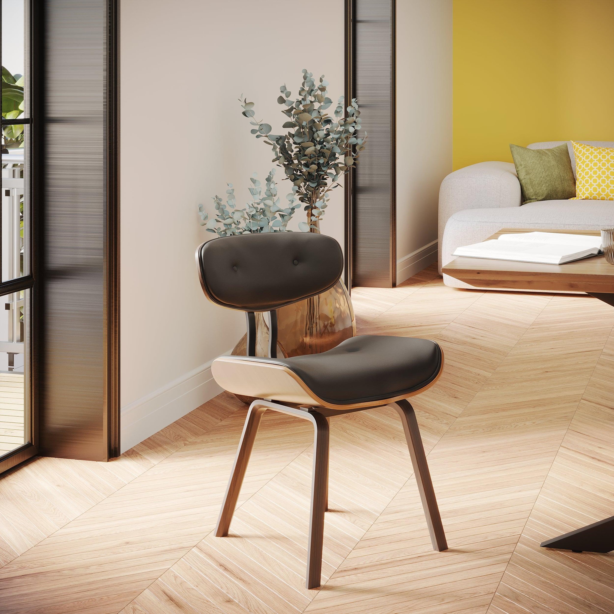 Voir la diapositive 2 : MAISON PAVANE Chaise en pu noir et pieds en bois plié-pétrus