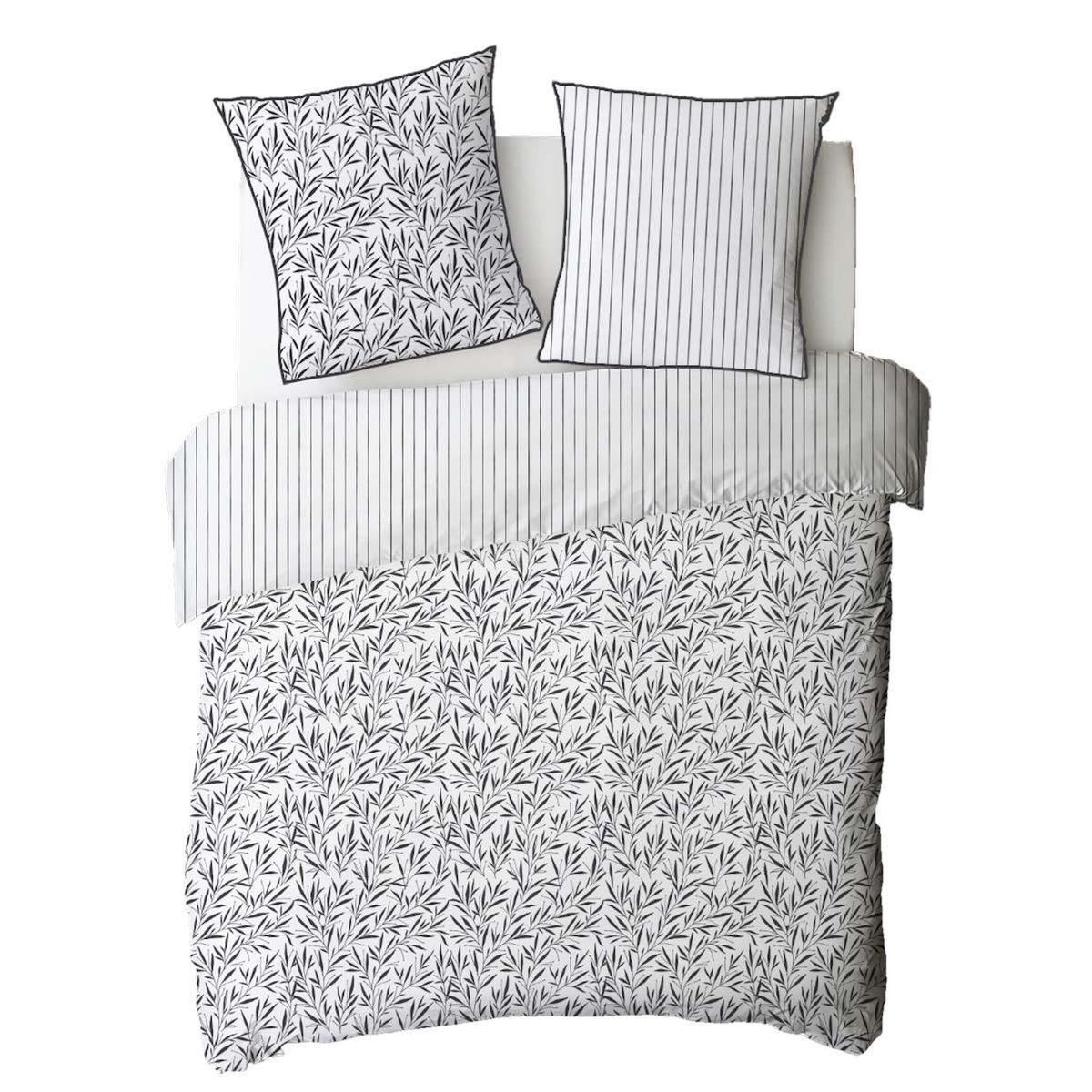 FUTURE HOME Parure de lit 2 personnes feuillage et rayures en coton