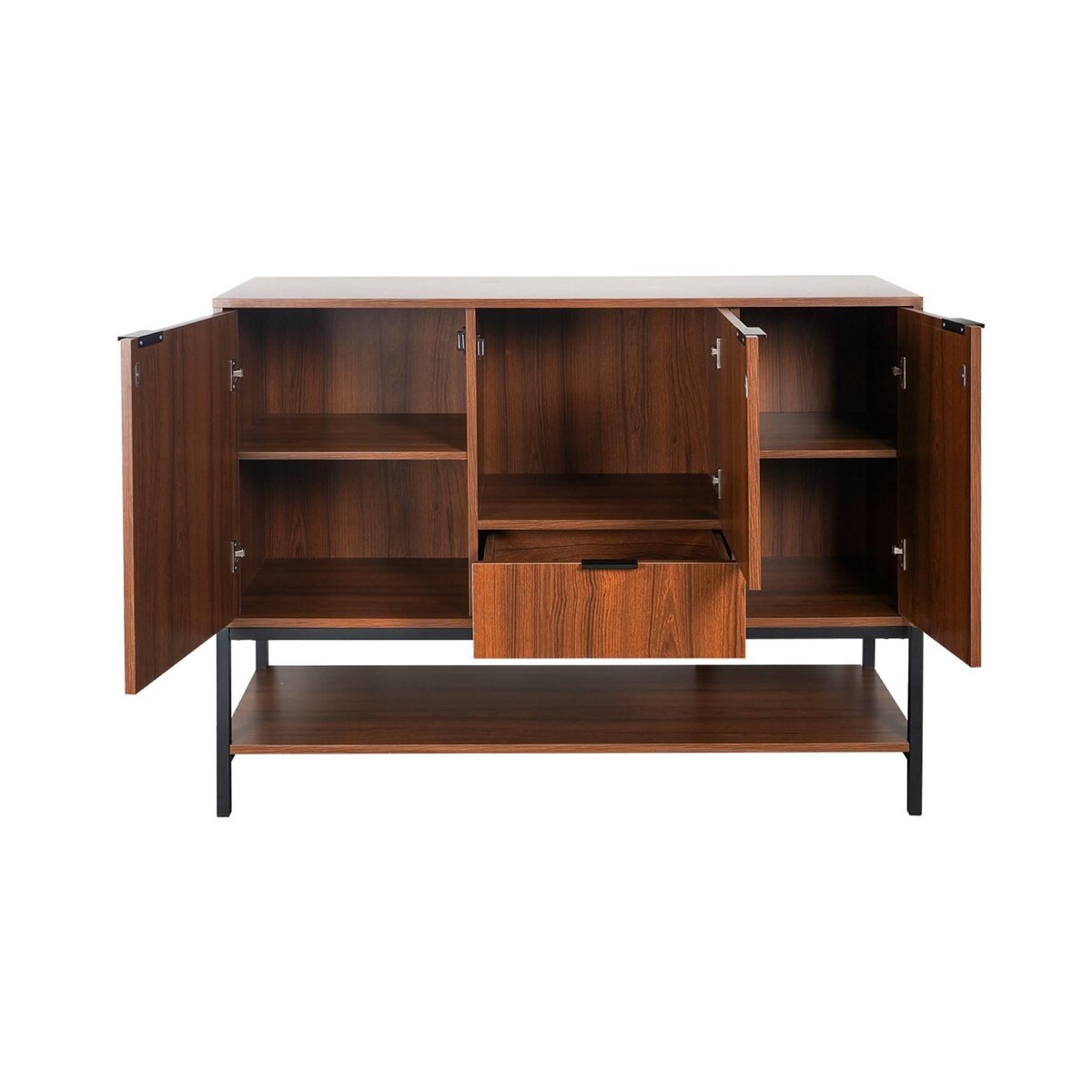 SWEEEK Buffet bas en décor noyer et pieds et poignées en métal noir L110cm - buffet haut. vaisselier. 3 portes. 1 tiroir et 3 étagères