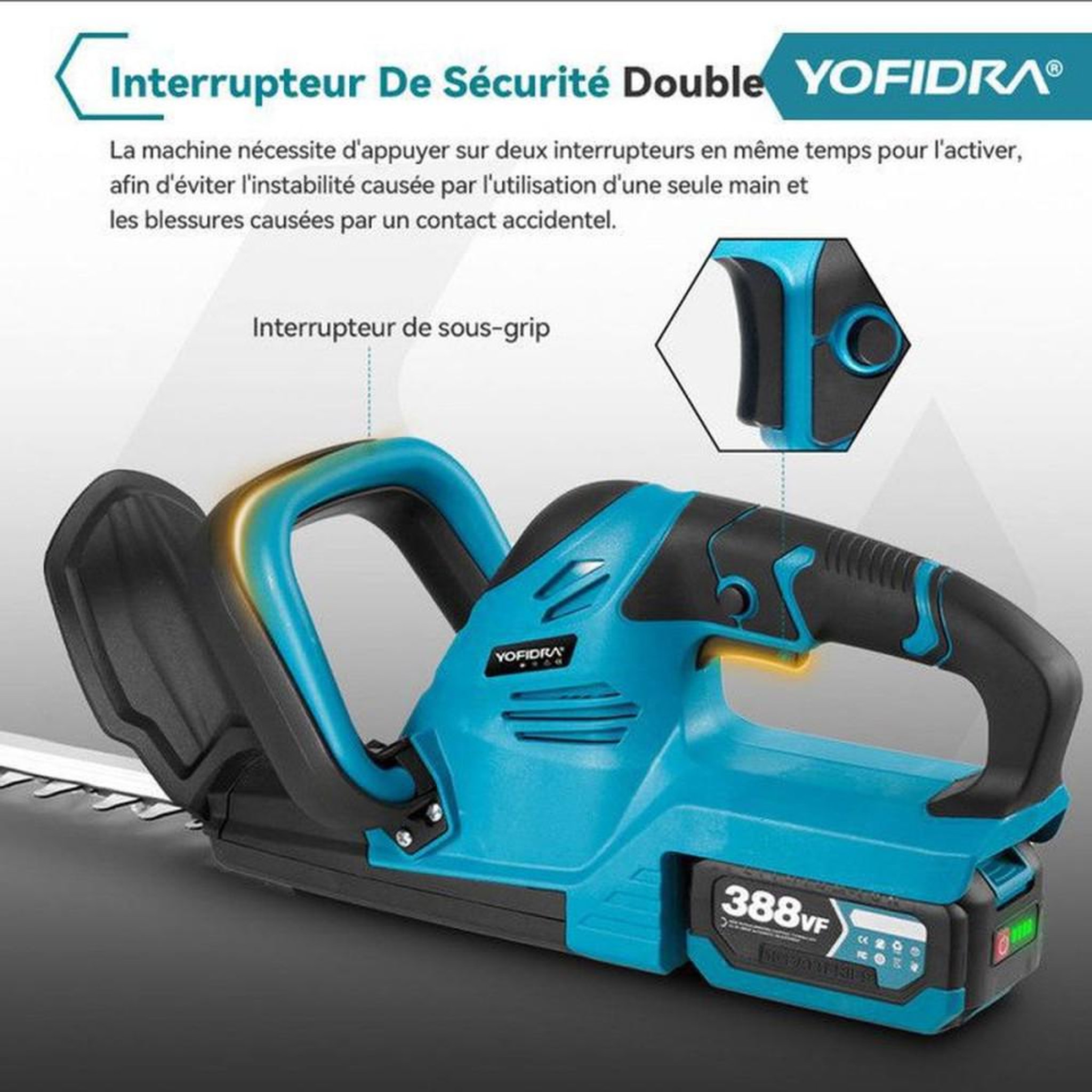 Voir la diapositive 3 : Tronçonneuse de haies électrique sans fil 55 cm lames double face, moteur 500 W 9 000–13 000 tr/min, 2 batteries 3,0 Ah