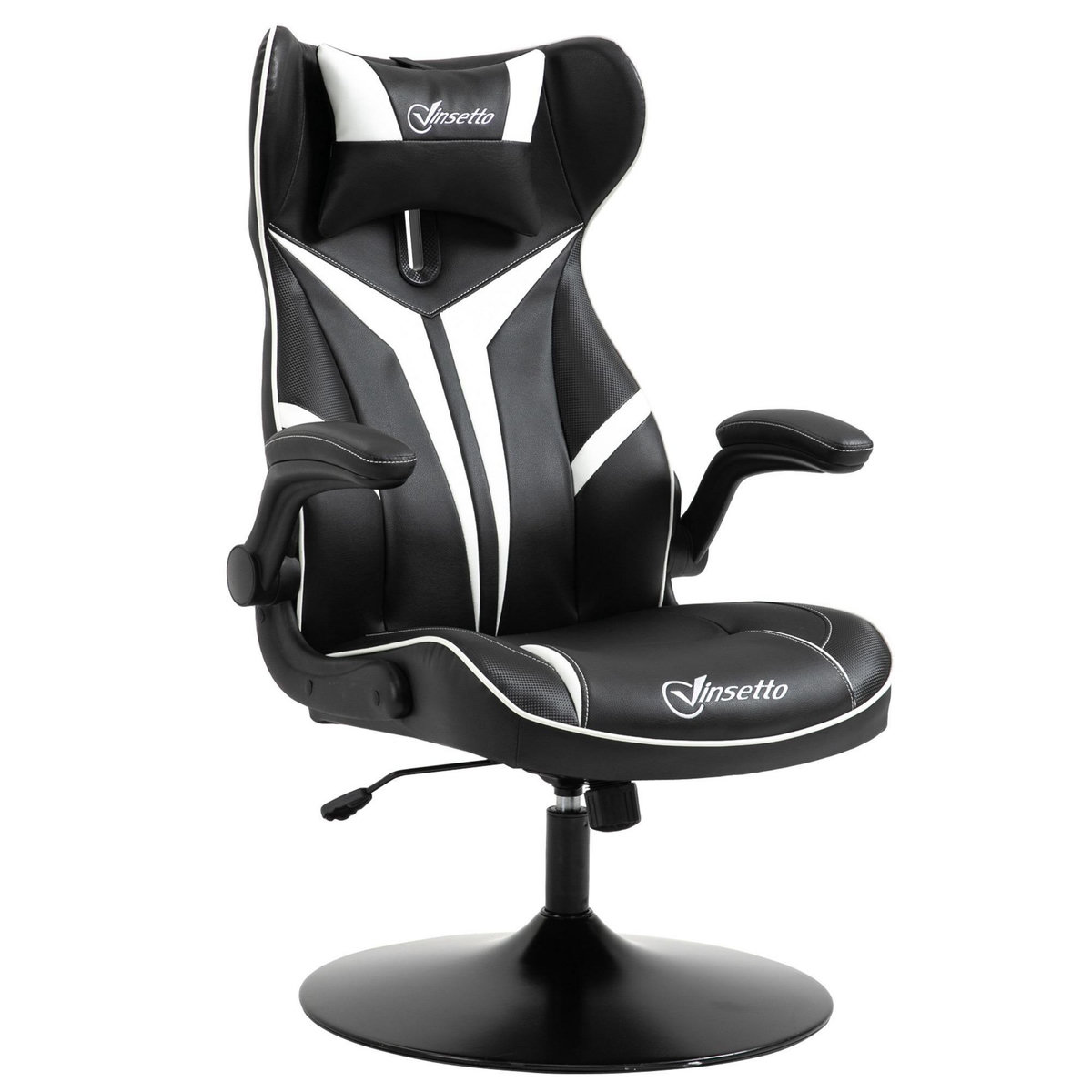 VINSETTO Fauteuil gaming base ronde métal pivotante 360° hauteur réglable tétière accoudoirs relevables PVC blanc noir