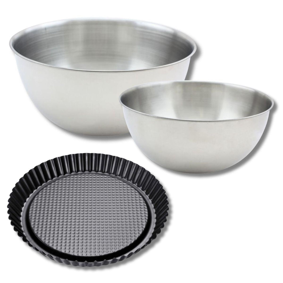 ZENKER Lot avec 1 moule à tarte renversée 28 cm, 1 spatule Zenker et 2 bols à mixer en inox Fackelmann