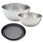ZENKER Lot avec 1 moule à tarte renversée 28 cm, 1 spatule Zenker et 2 bols à mixer en inox Fackelmann