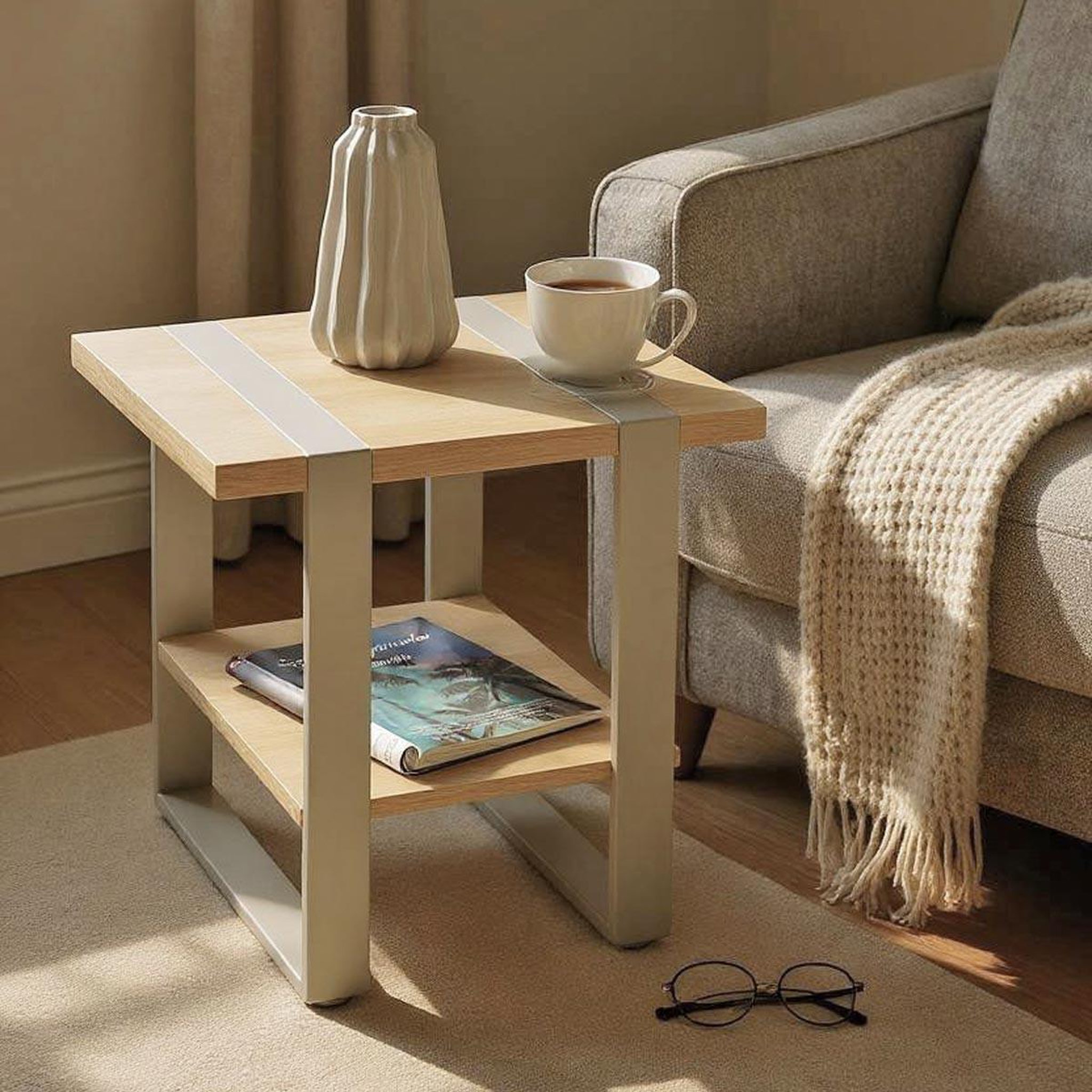 Voir la diapositive 4 : Paris Prix Table d'appoint 2 niveaux  evy  45cm naturel & gris