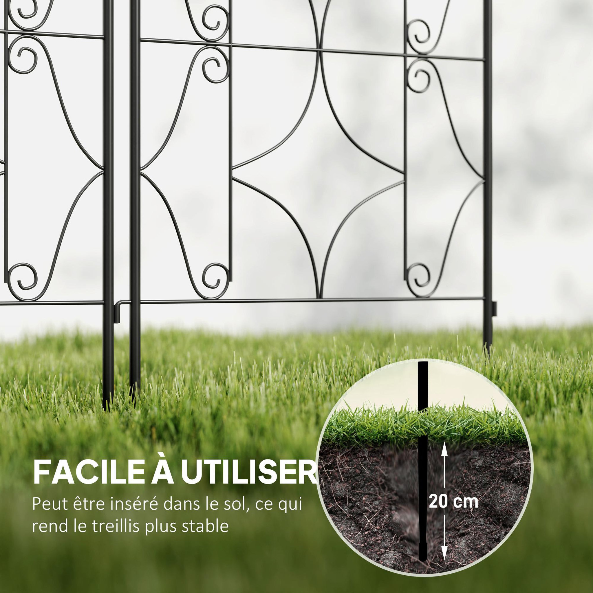 Voir la diapositive 6 : OUTSUNNY Treillis de jardin effet fer forgé - lot de 2 supports pour plantes grimpantes - 50 x 150 cm - métal époxy noir