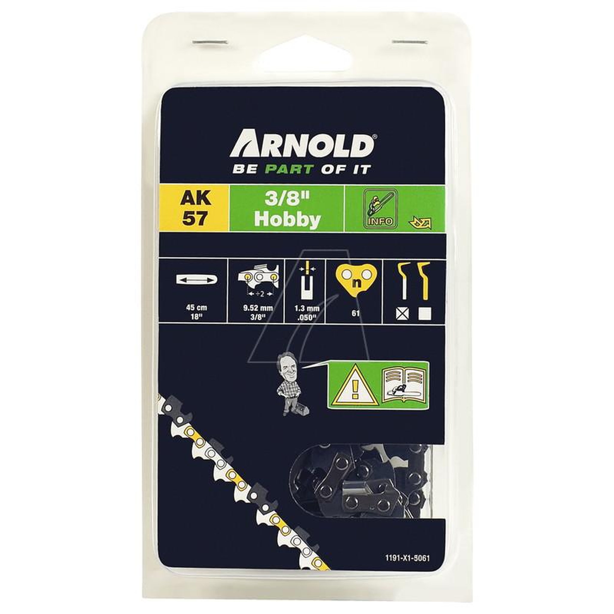 ARNOLD Chaîne de tronçonneuse 3/8 , 1,3 mm - 61 maillons entraîneurs - gouges demi-rondes