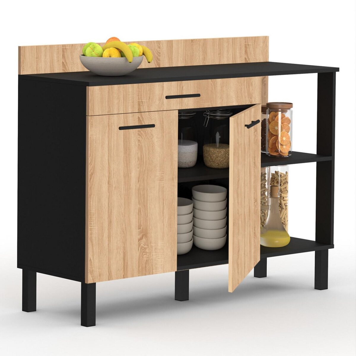 ID MARKET Buffet bas de cuisine 120 cm CINA plan de travail H.83 cm 2 portes + tiroir noir et façon hêtre