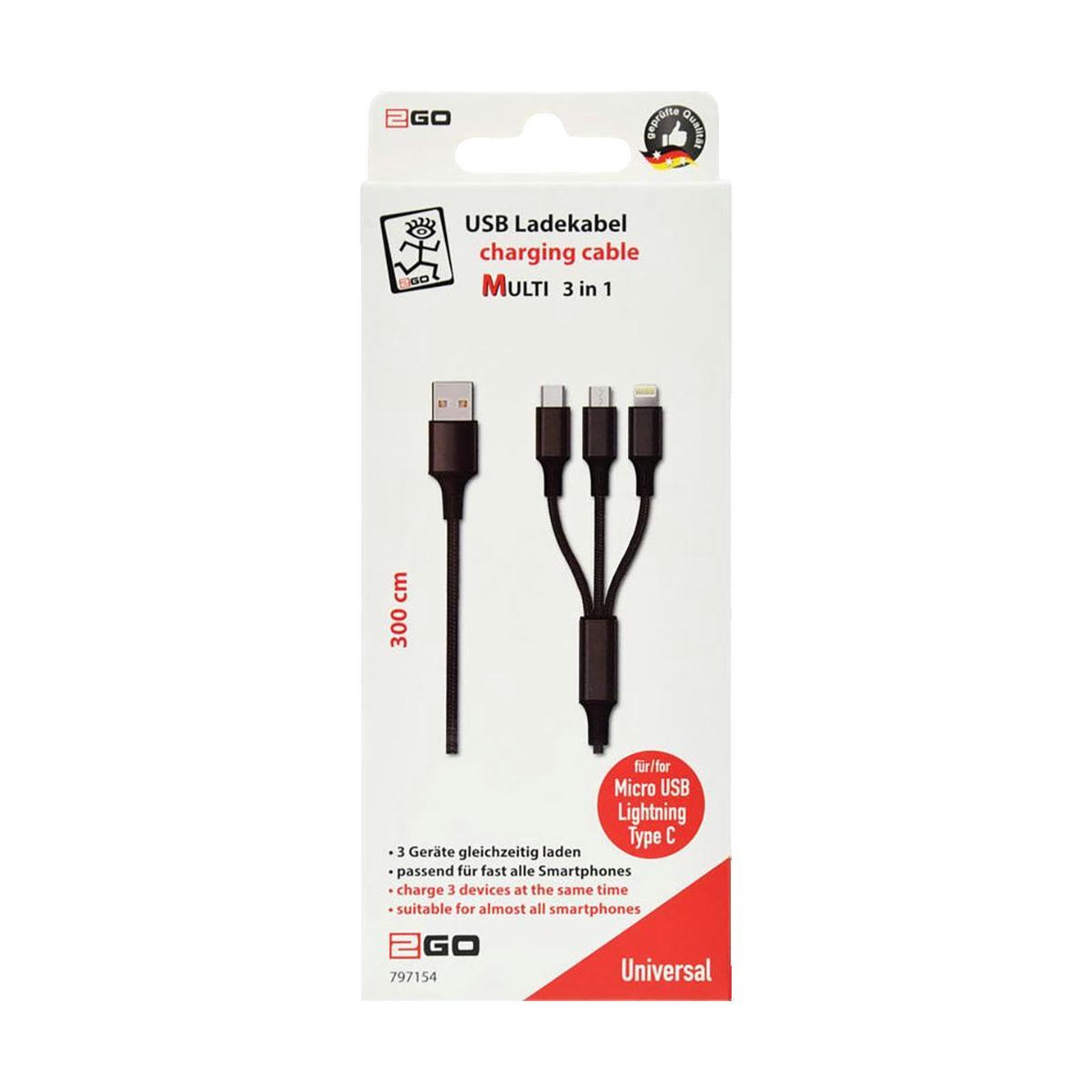 Voir la diapositive 2 : 3GO Câble USB 3-en-1 2go Noir 3 mètres