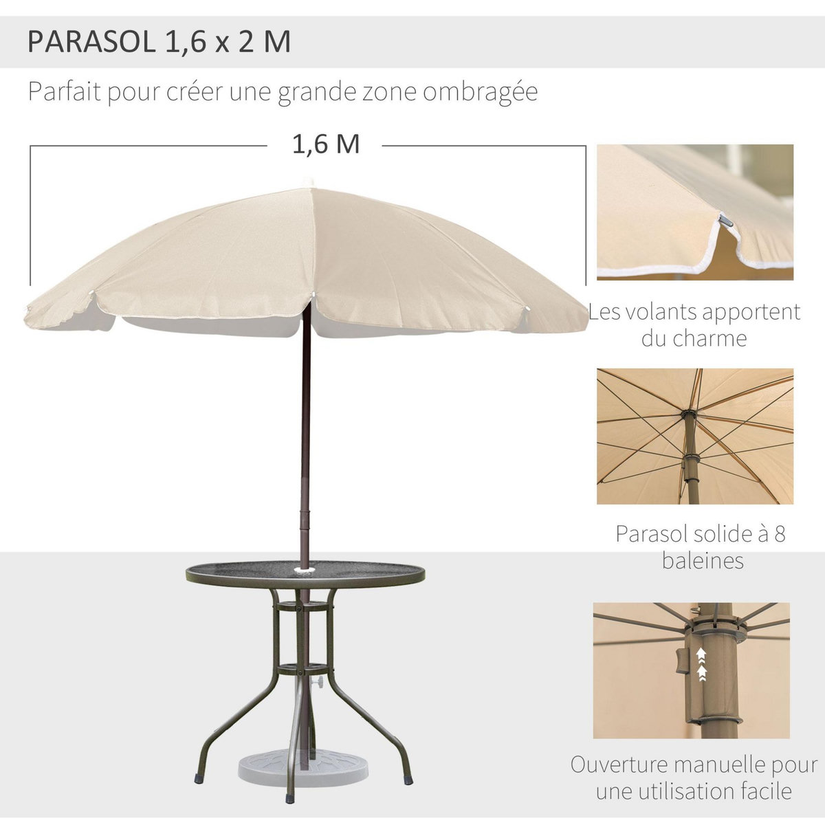 OUTSUNNY Ensemble salon de jardin 6 pcs - table ronde + 4 chaises pliables + parasol - acier époxy café textilène polyester beige