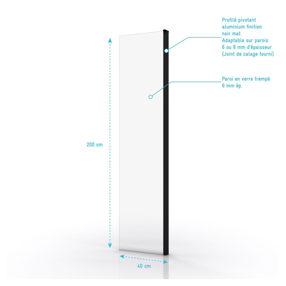 Volet pivotant pour paroi de douche à l'italienne profil noir 40x200 cm - PARMA 2 BLACK PIVOT
