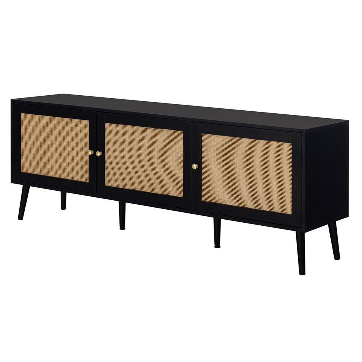 BEST MOBILIER Goto - meuble tv - noir et cannage - 3 portes - 167 cm