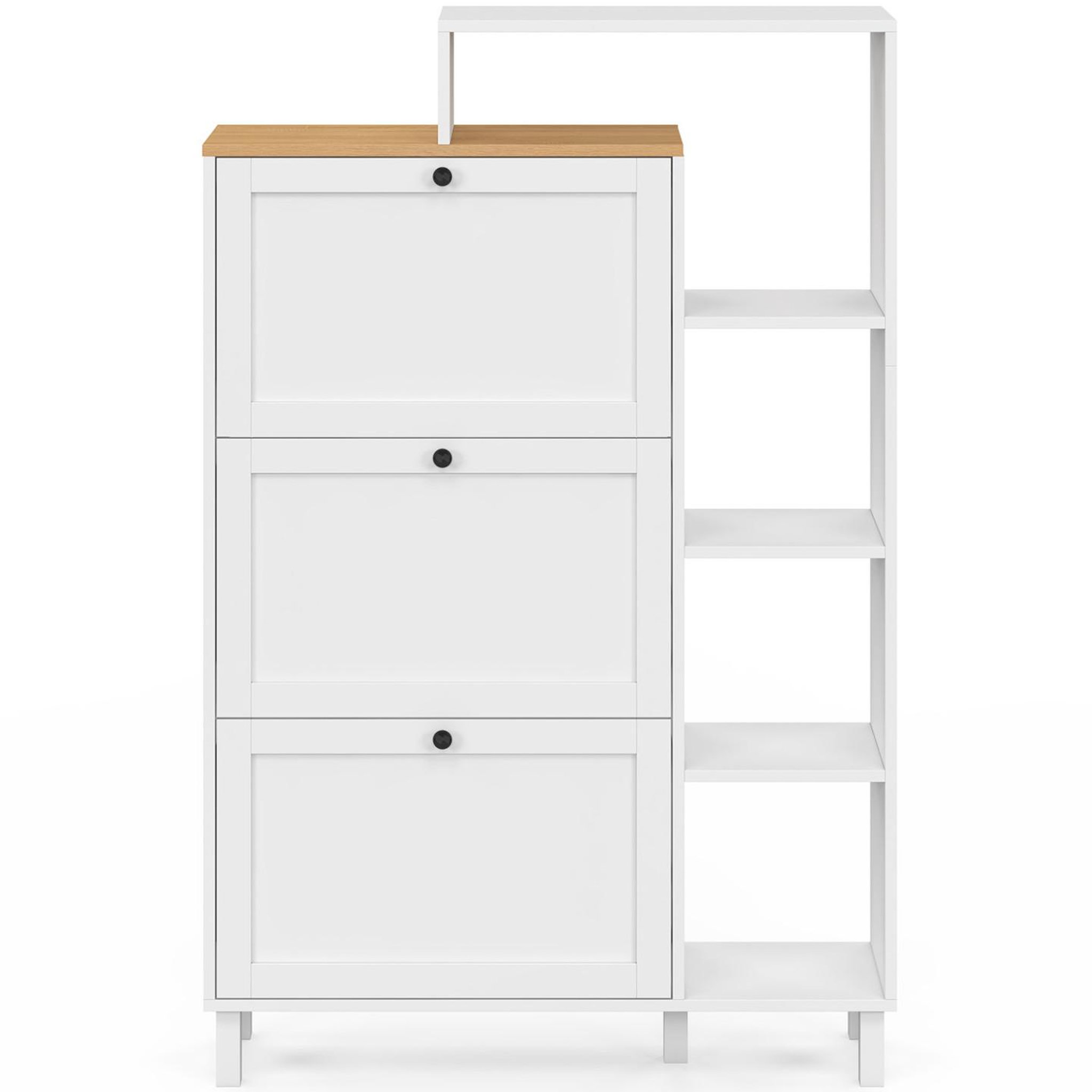 Voir la diapositive 3 : ID MARKET Meuble à chaussures 18 paires achille 3 portes blanc et plateau bois avec étagère