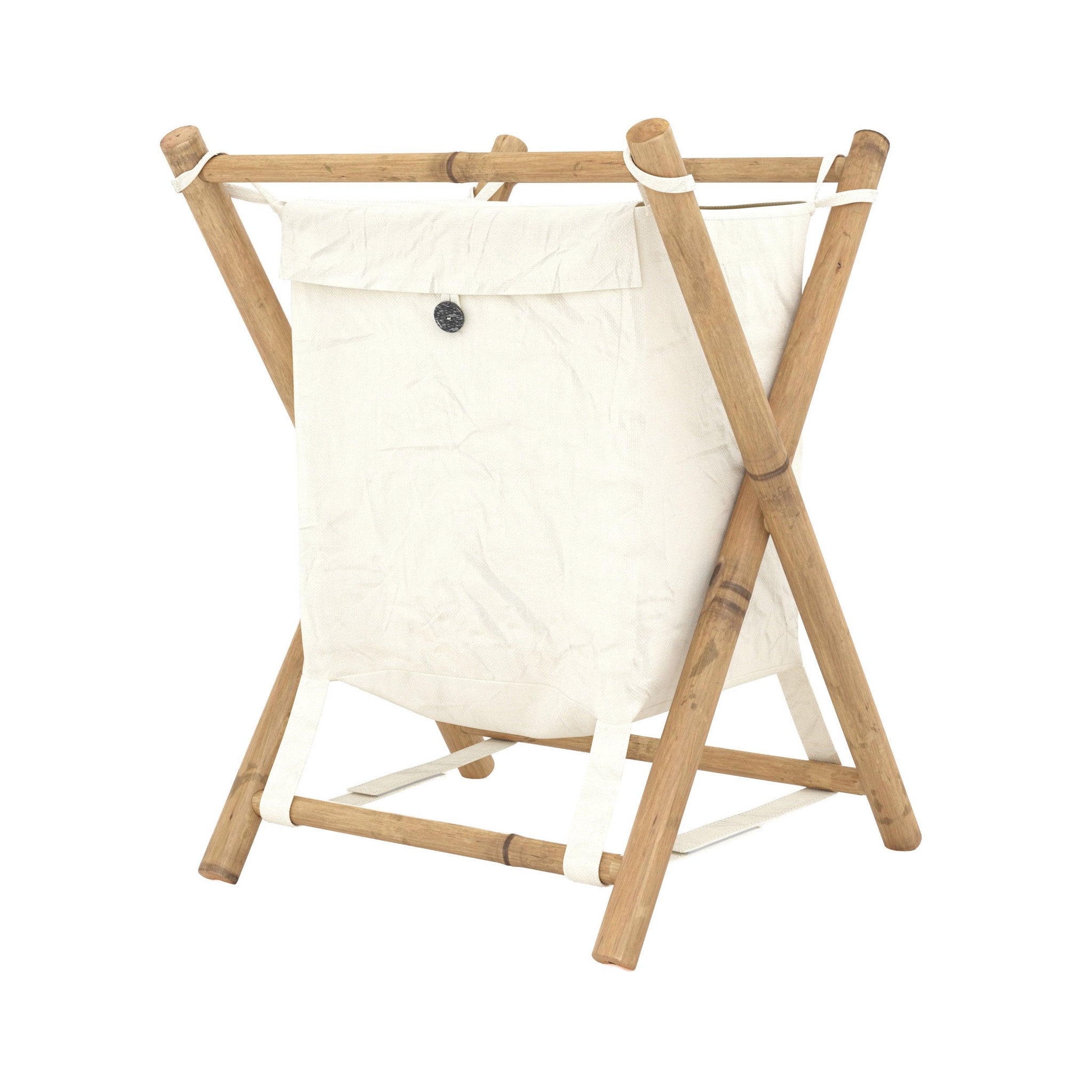 MAISON PAVANE Panier à linge pliable en tissu blanc et bambou -bami
