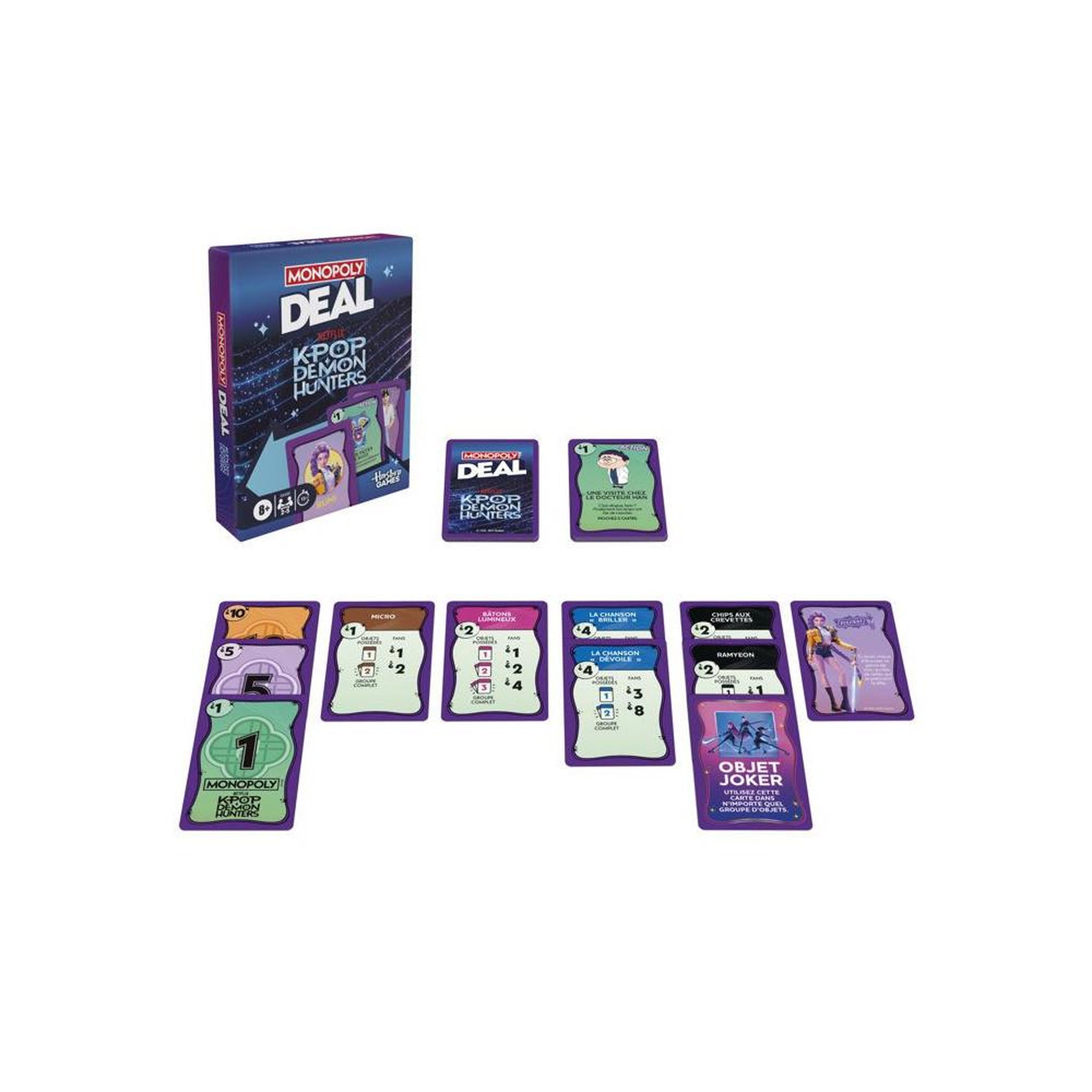 Voir la diapositive 2 : MONOPOLY Jeu de cartes monopoly deal kpop demon hunters, 110 cartes, 2 à 5 joueurs, dès 8 ans, 15 min, multi-couleur, boîte