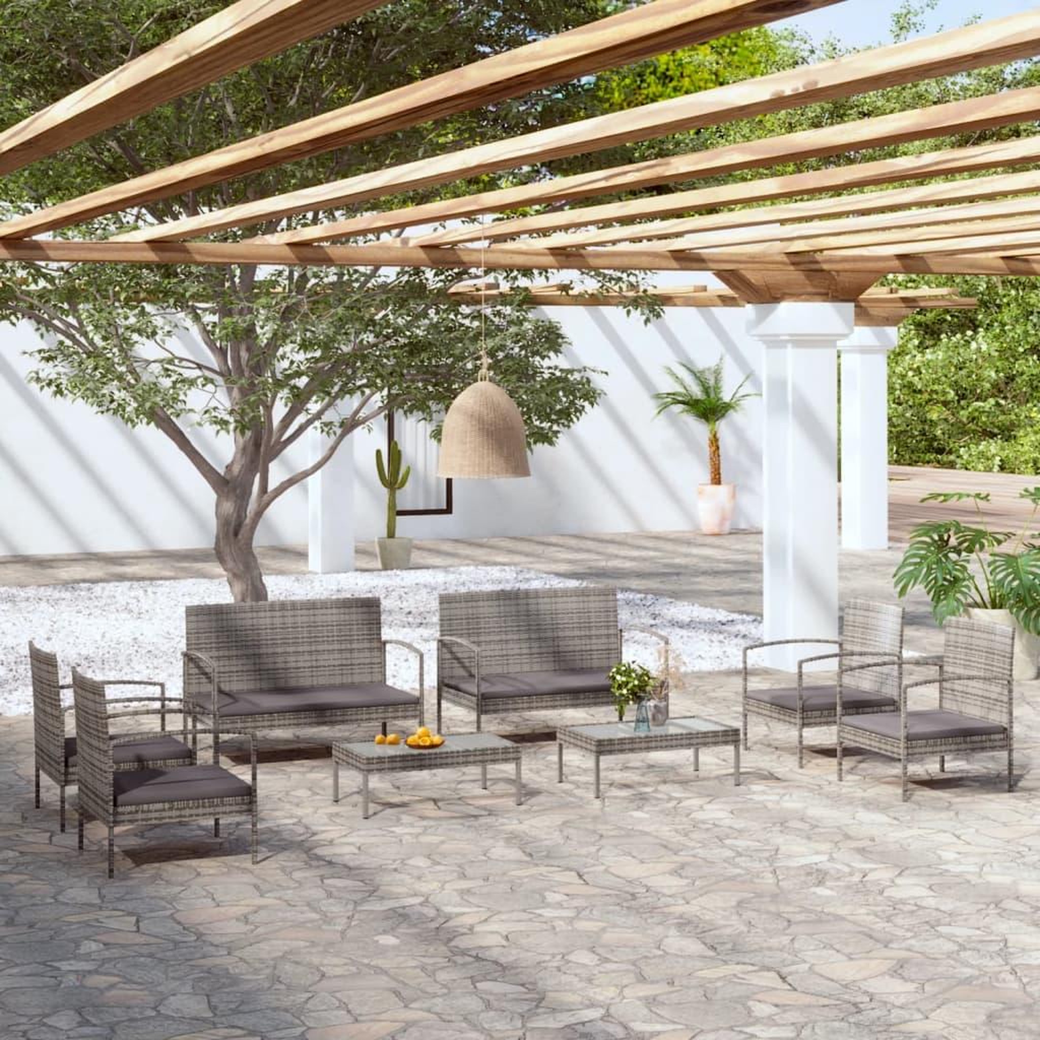 VIDAXL Salon de jardin 8 pcs avec coussins resine tressee gris