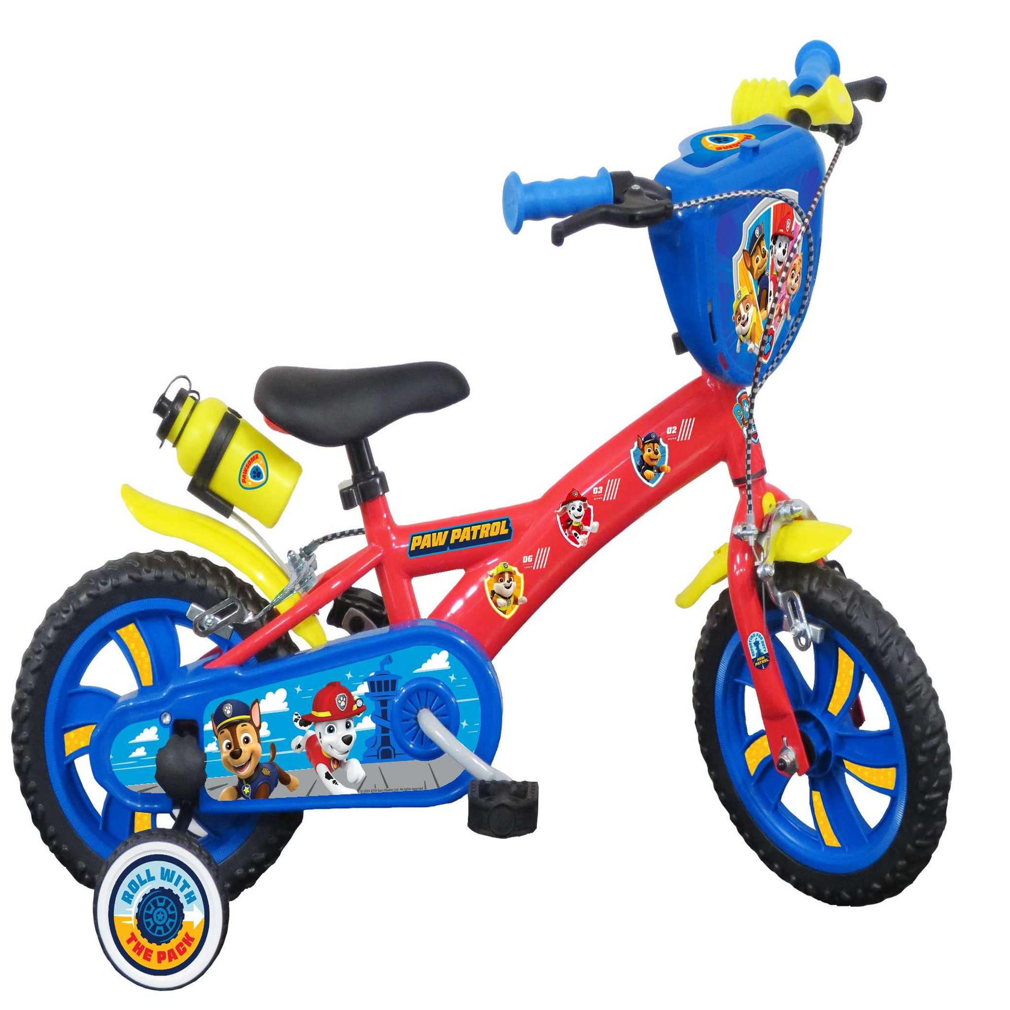 Nickelodeon Vélo enfant - Modèle 12'' Pat Patrouille pour enfant de 85/100 cm avec stabilisateurs - Plaque décorative avant - Porte bidon - 2 freins et roues batons