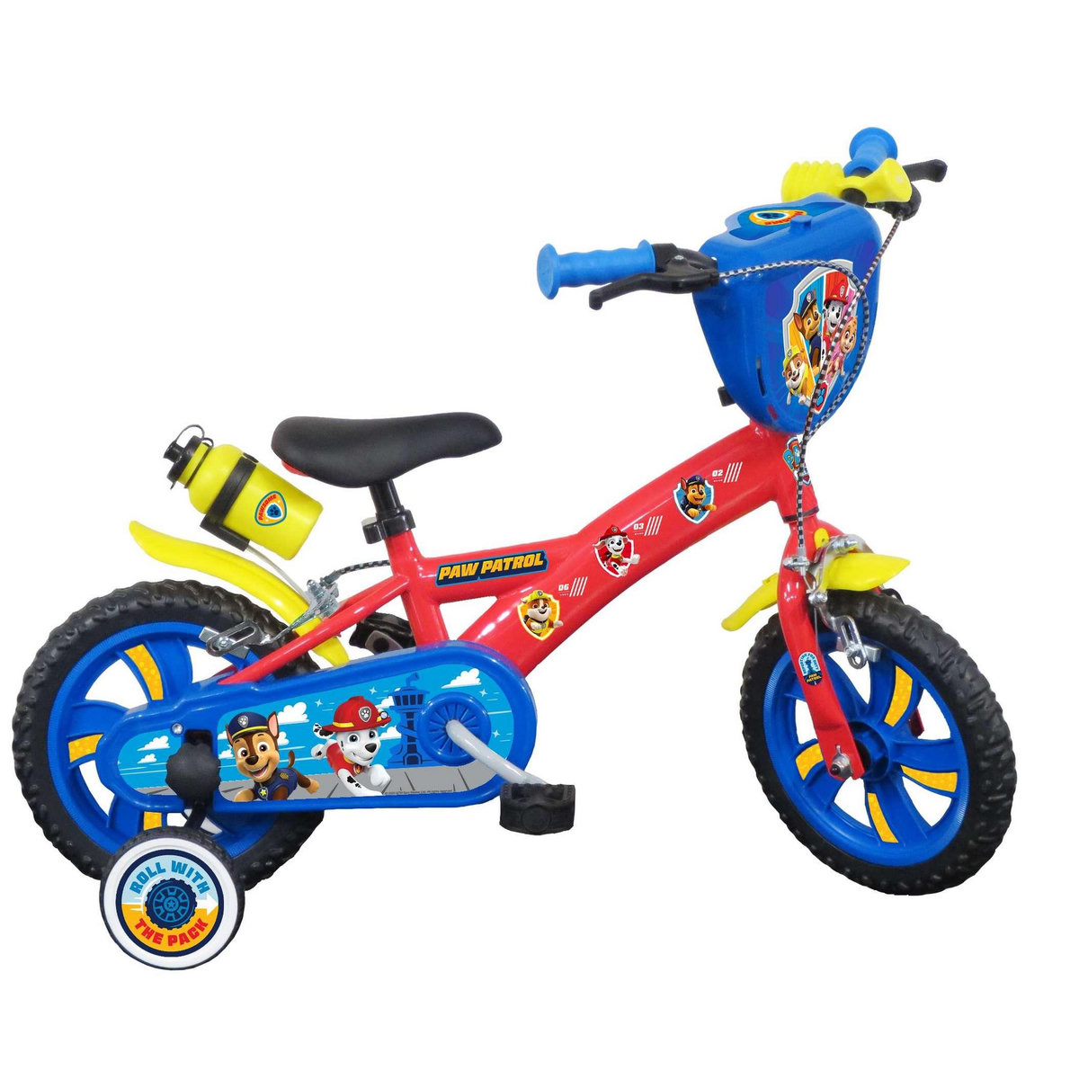 Nickelodeon Vélo enfant - Modèle 12'' Pat Patrouille pour enfant de 85/100 cm avec stabilisateurs - Plaque décorative avant - Porte bidon - 2 freins et roues batons