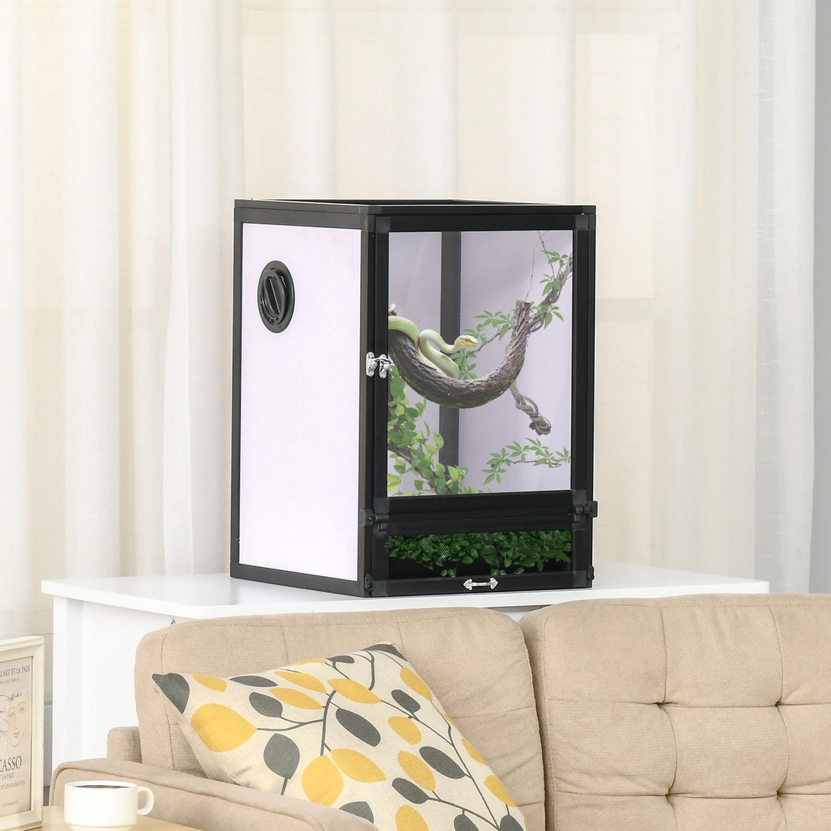 PAWHUT Terrarium vivarium boîte pour reptiles dim. 32L x 32l x 46H cm avec passe-câble, fond en ABS, plateau amovible noir blanc