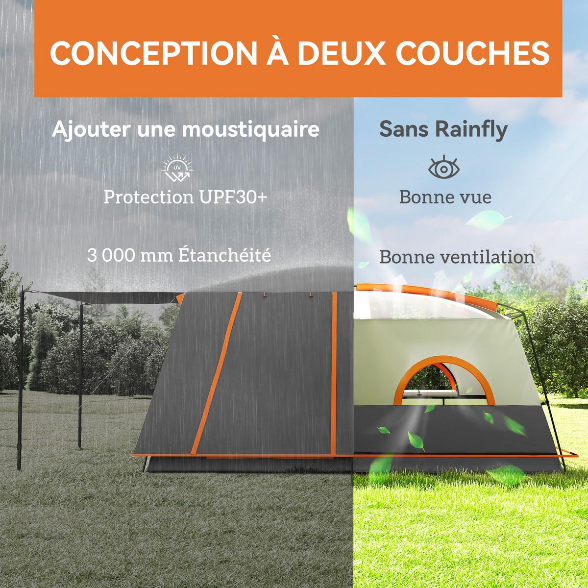 OUTSUNNY Tente de camping familiale 4-5 personnes - portes, fenêtres, sac de transport inclus - dim. 4,3 x 3 x 1,95 m - gris