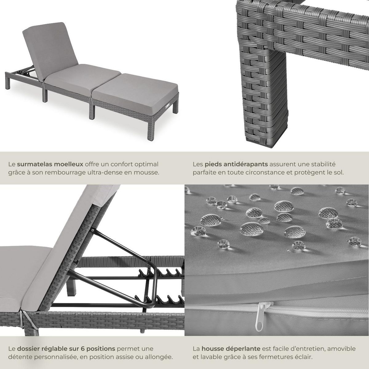 tectake Bain de soleil en rotin robuste gris