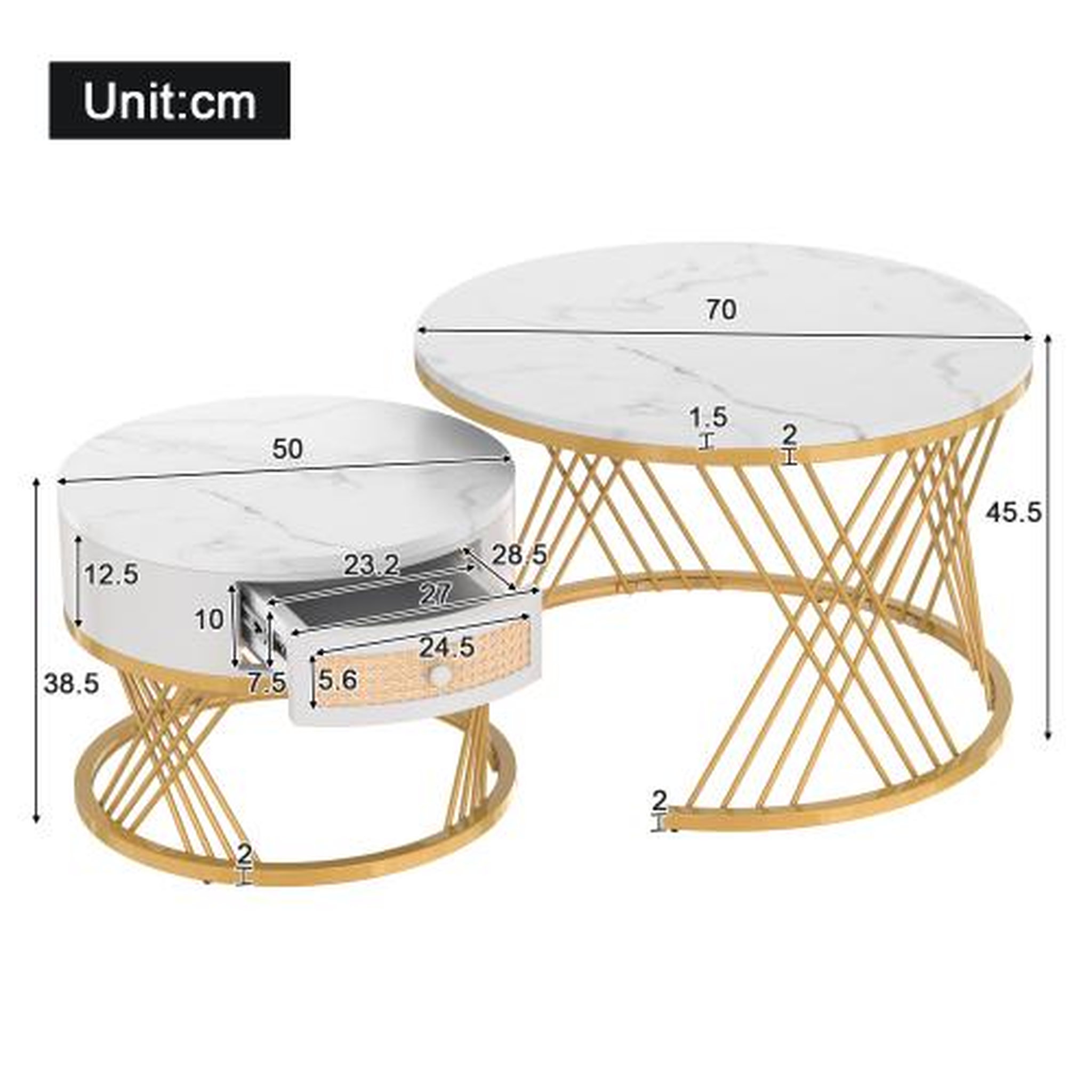 Voir la diapositive 3 : MERAX Table basse gigogne ronde blanc+doré - 70x70 cm mdf