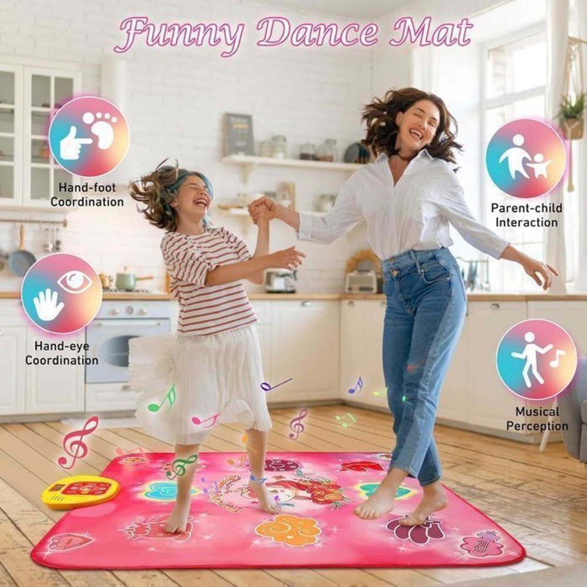 Voir la diapositive 2 : VARO Tapis de danse musical LED pour enfants 3+ VATOS rose, 5 jeux, 3 niveaux, volume réglable, contrôleur jaune, 8 zones