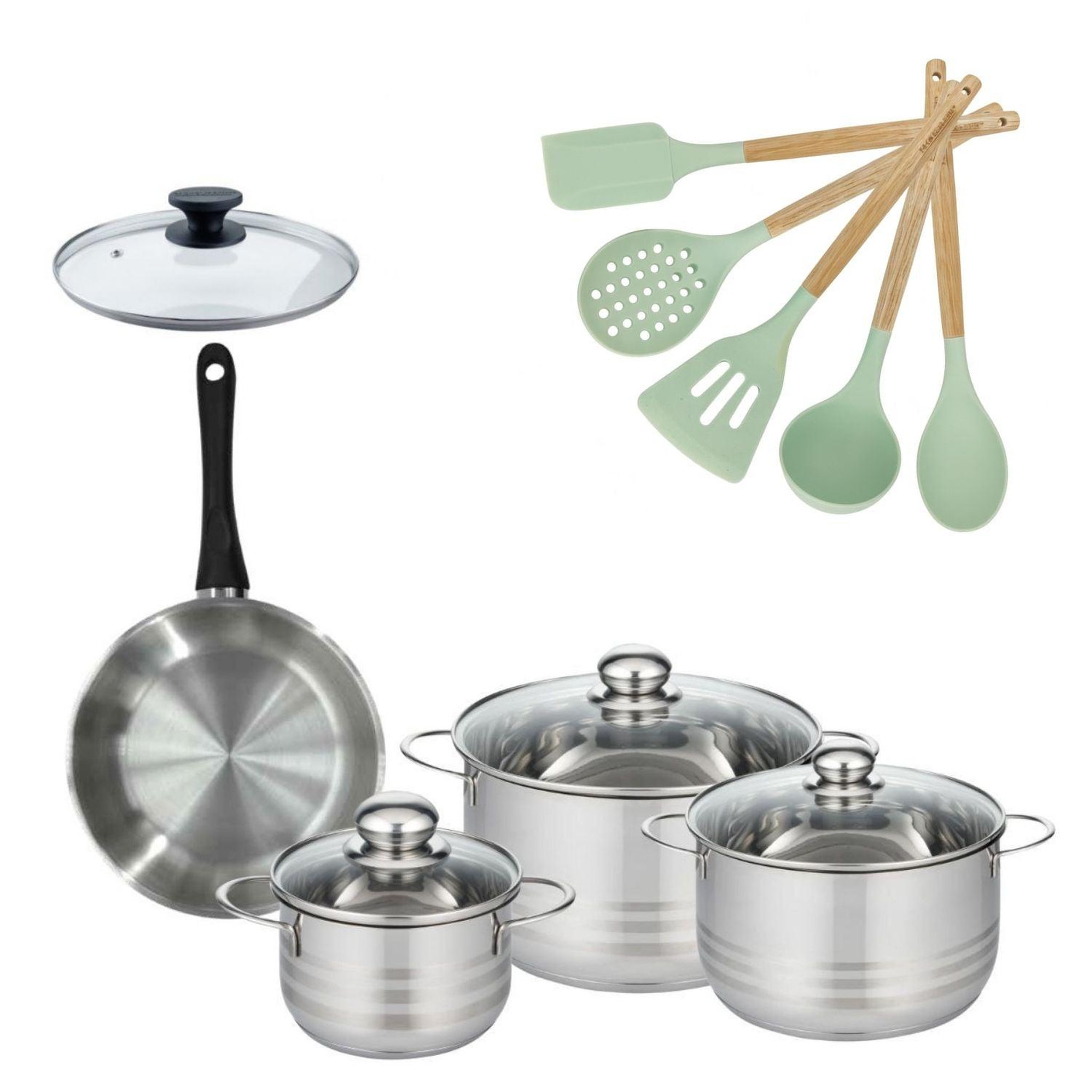 Fackelmann Batterie de cuisine avec 3 faitouts 16/20/24 cm et 1 poêle 20 cm avec 6 ustensiles de cuisine fackelmann généva brillant ocean avec couvercles