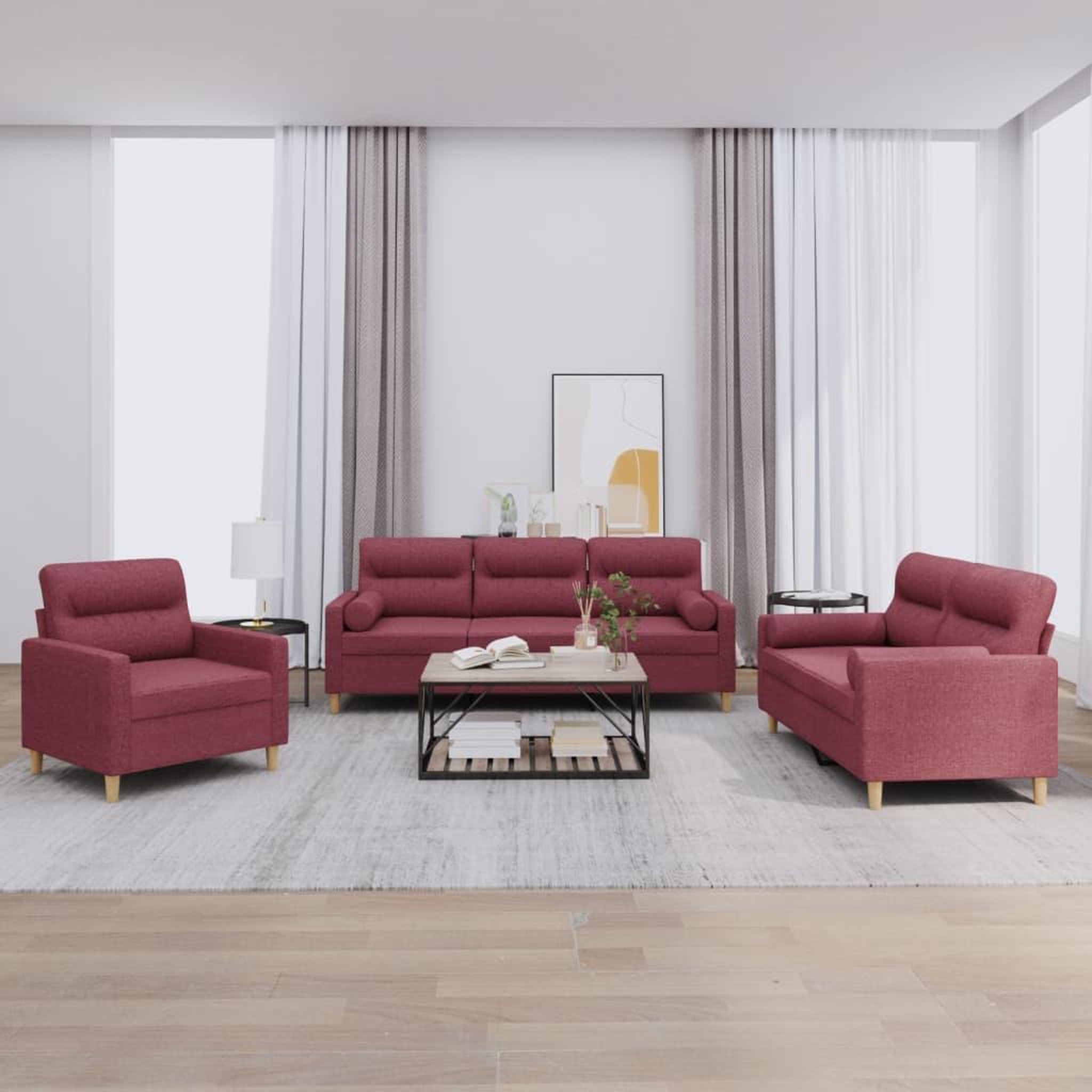 VIDAXL Ensemble de canapes 3 pcs avec coussins rouge bordeaux tissu