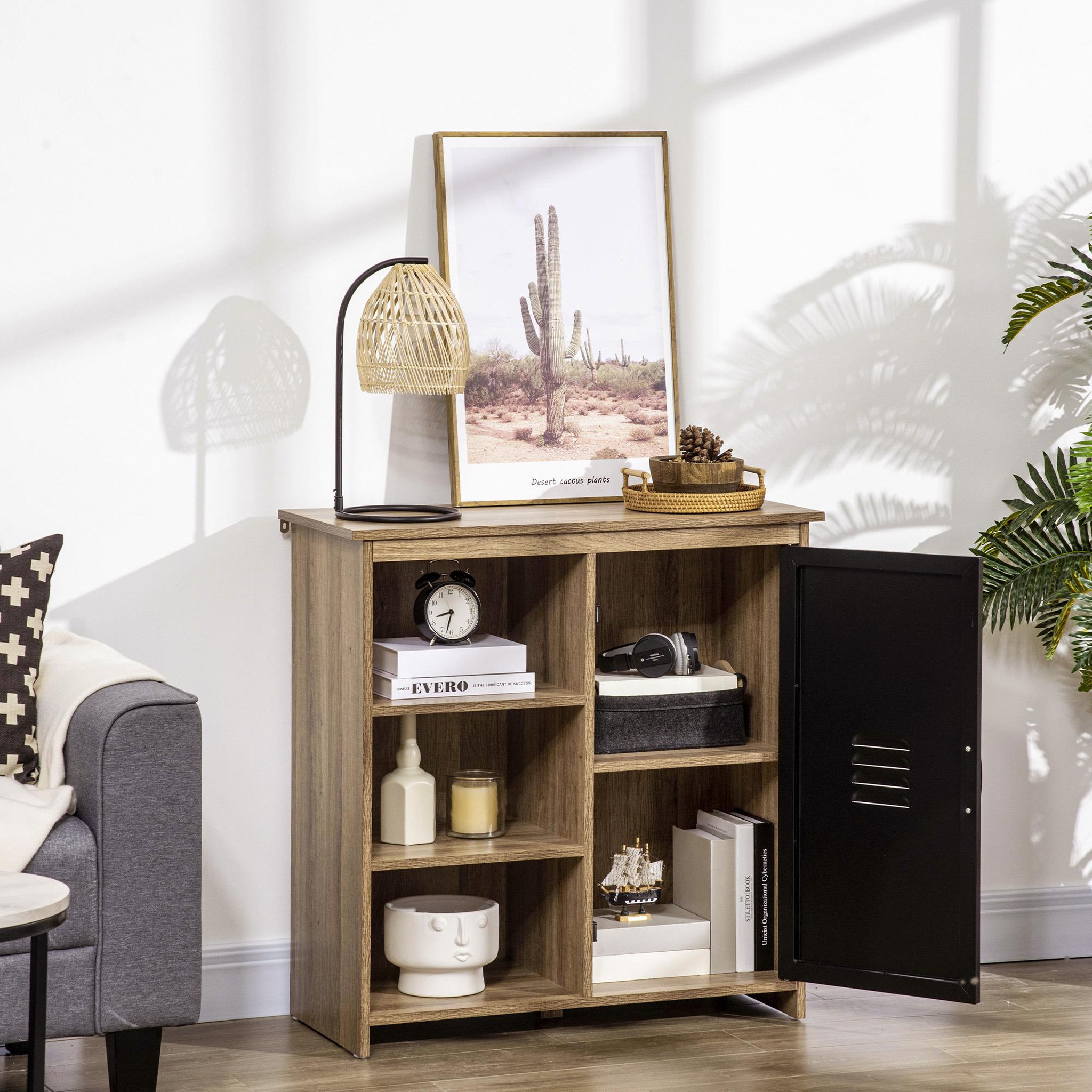 Voir la diapositive 4 : HOMCOM Buffet design industriel - meuble de rangement 3 niches placard - panneaux particules aspect bois veinage porte métal noir