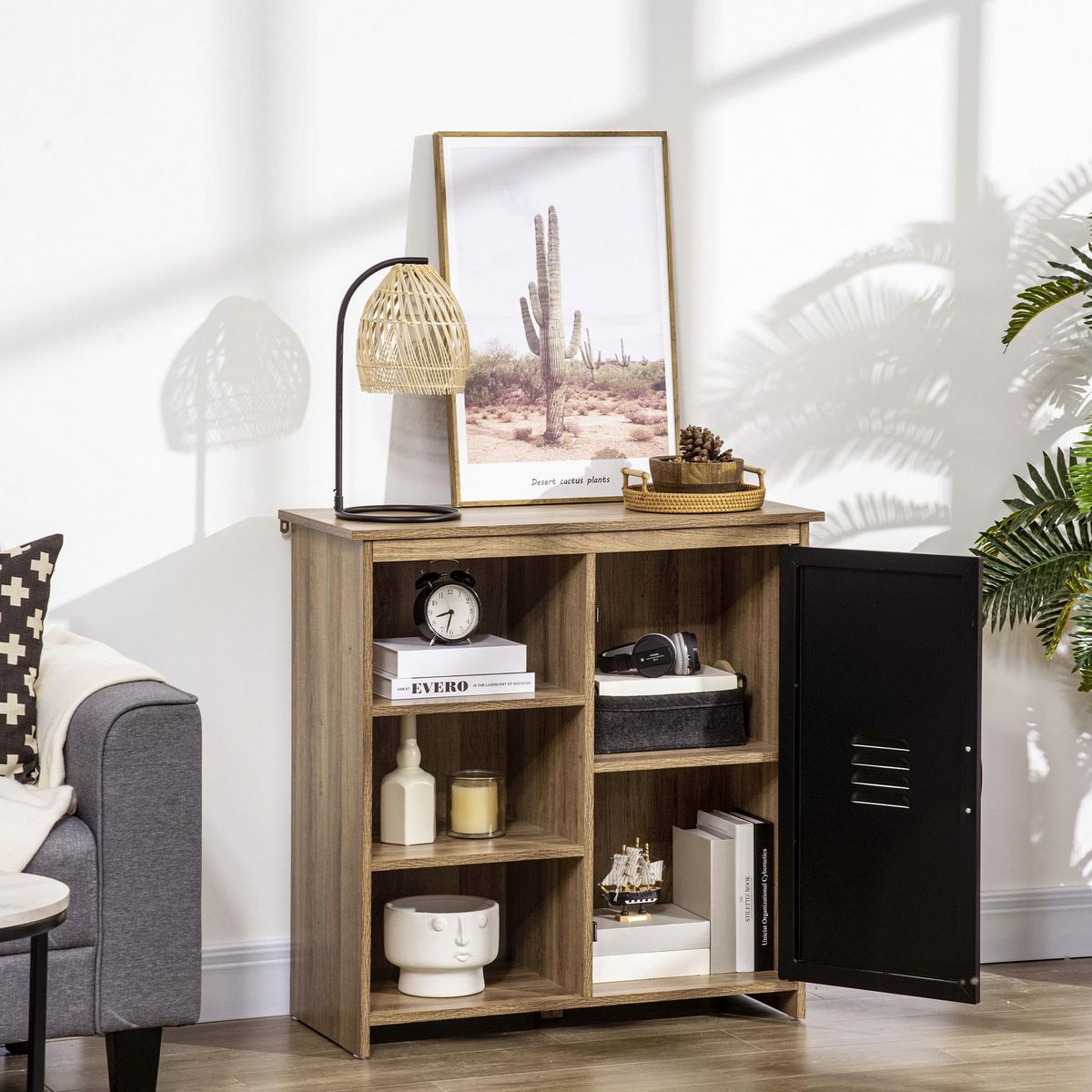 HOMCOM Buffet design industriel - meuble de rangement 3 niches placard - panneaux particules aspect bois veinage porte métal noir