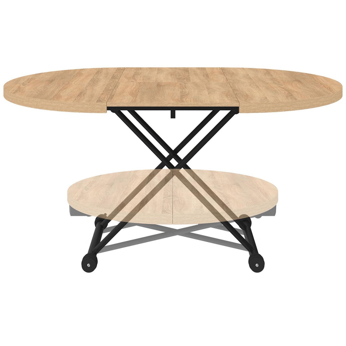ID MARKET Table basse extensible relevable en table à manger ronde ALTURA plateau façon hêtre pied noir design industriel