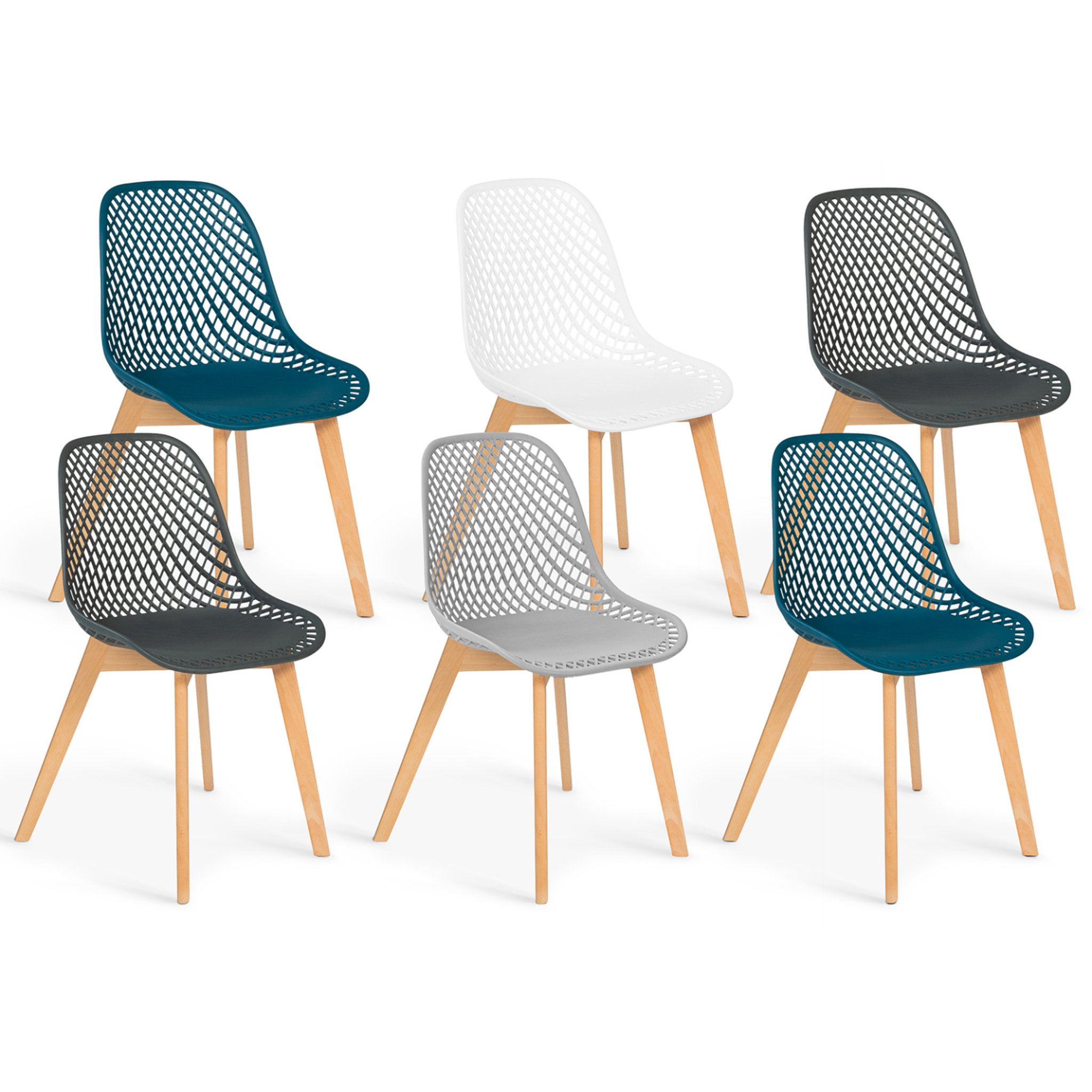 ID MARKET Lot de 6 chaises mandy mix color blanc, gris clair, bleu canard x2, gris foncé x2