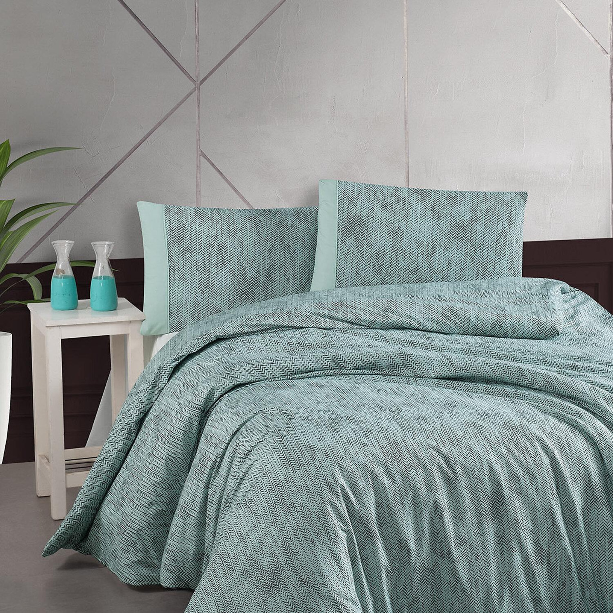 Home collection Parure housse de couette 3 pcs 240x220 cm 100% coton 57 fils imprimé. Effect mint