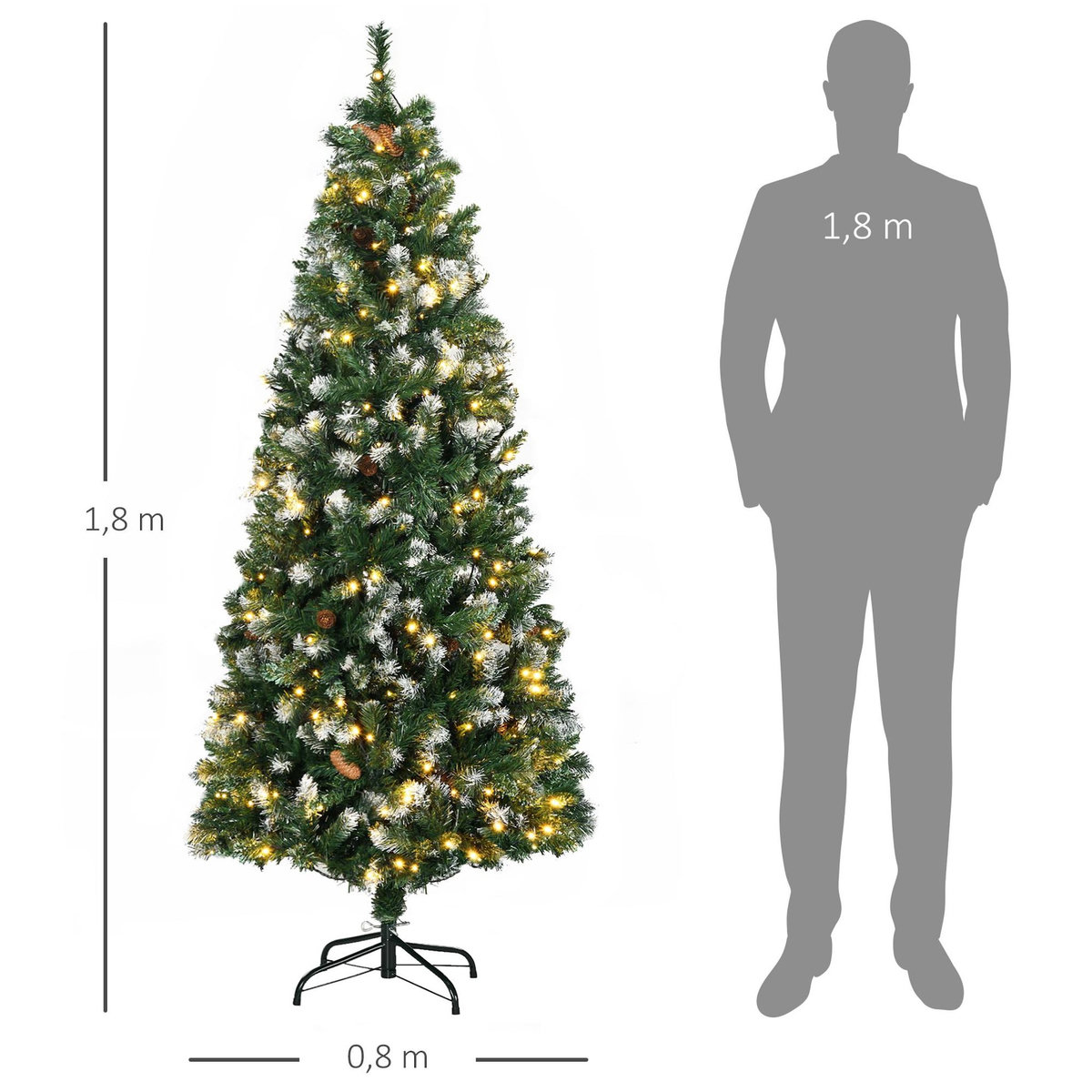 HOMCOM Sapin de Noël artificiel lumineux LED x 250 blanc chaud 30 pommes de pin H. 180 cm 703 branches vert effet neige