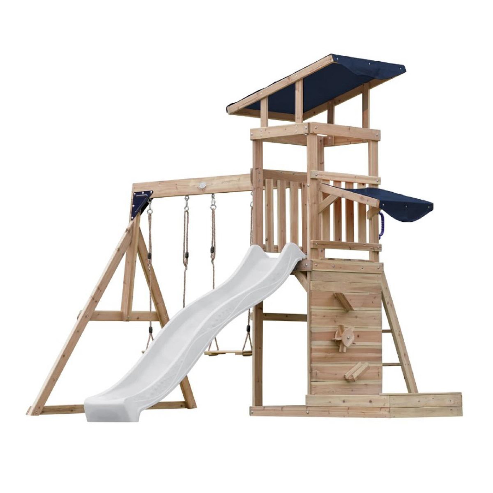 Voir la diapositive 2 : Axi House Portique Malik 2 balançoires + mur toboggan blanc