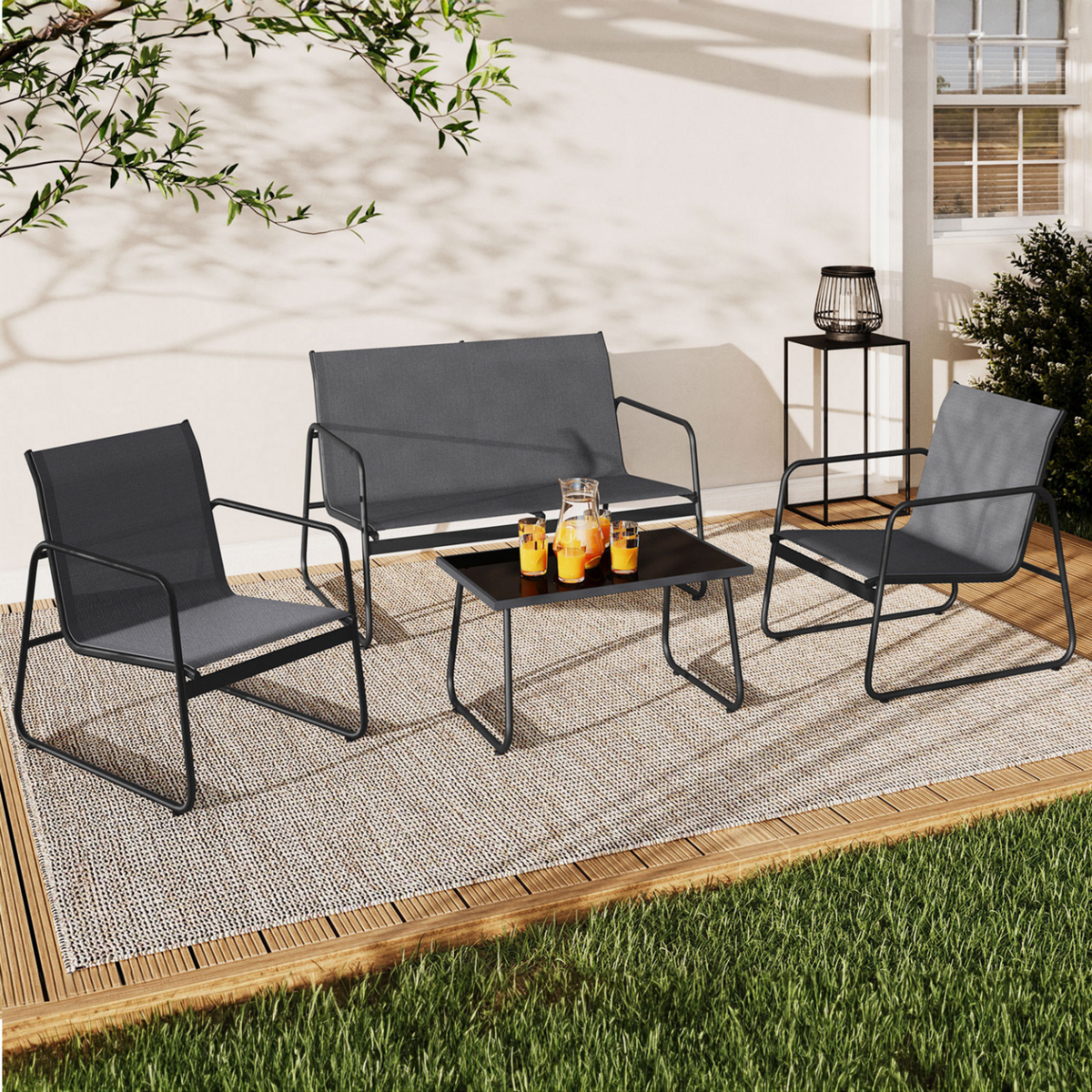 ID MARKET Salon de jardin bas MALAGA 4 places avec canapé, fauteuils et table gris anthracite