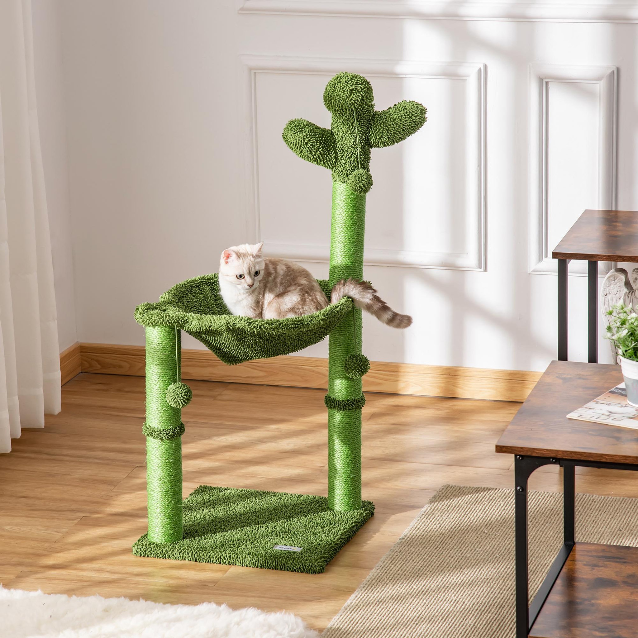 Voir la diapositive 2 : PAWHUT Arbre à chat griffoirs design cactus - hamac, 3 jouets pompons suspendus - panneaux peluche sisal vert
