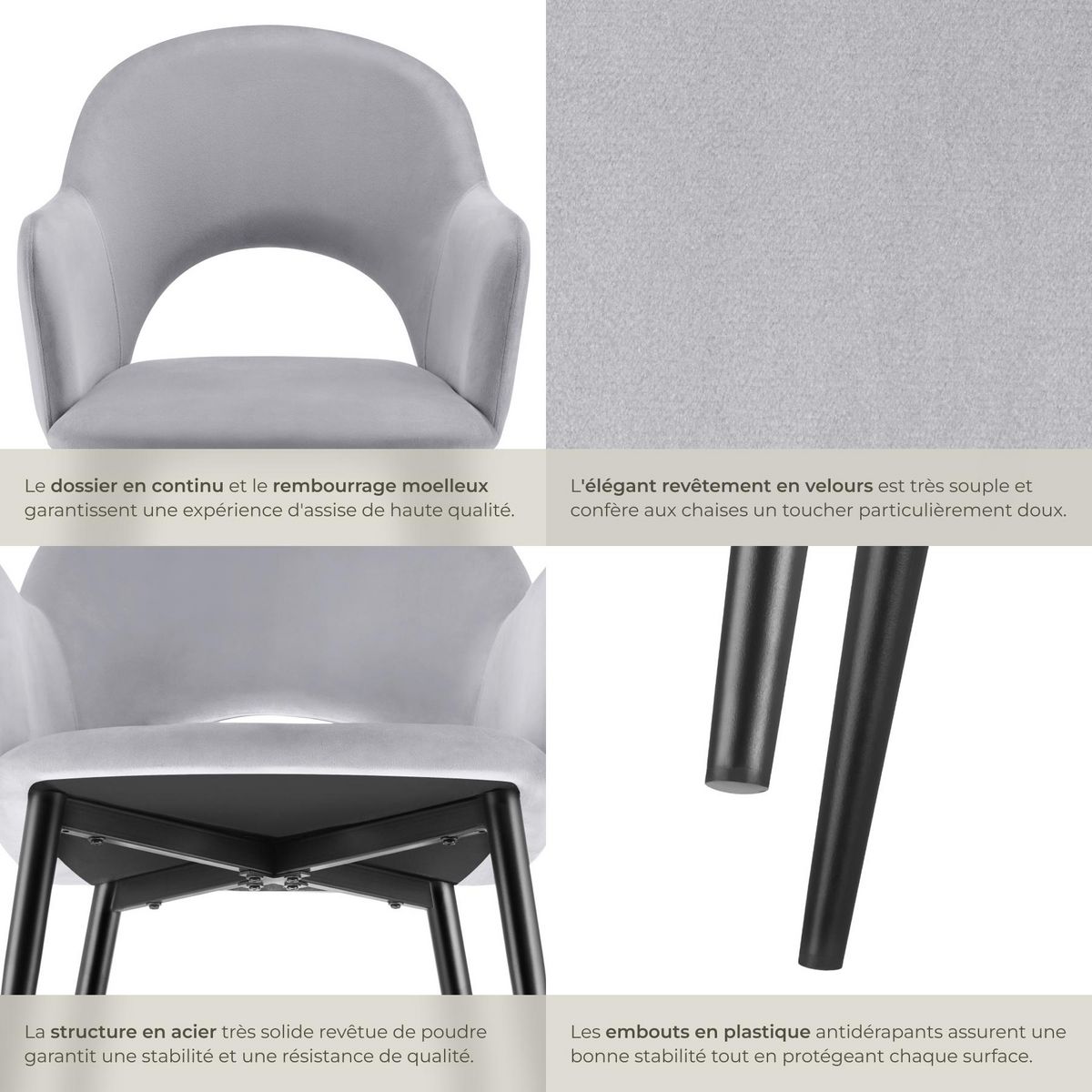 tectake Fauteuil en velours et rembourré gris clair Lot de 6