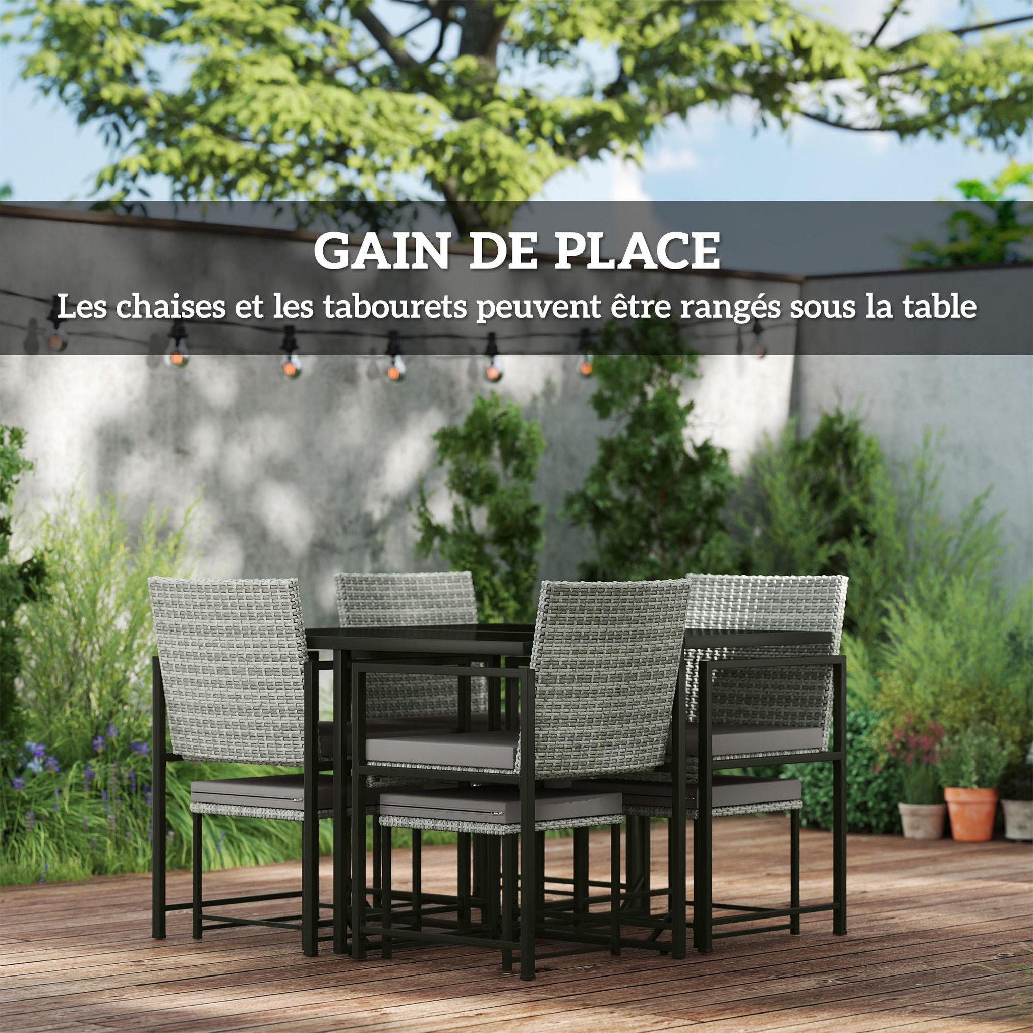Voir la diapositive 6 : OUTSUNNY Ensemble salon de jardin 8 places 9 pièces - 4 fauteuils, 4 tabourets, table à manger - acier résine tressée gris