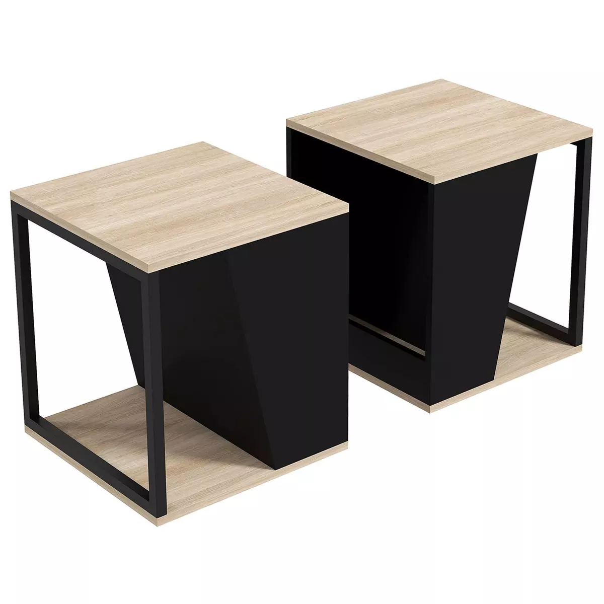 HOMCOM Lot de 2 tables basses bouts de canapé guéridons design acier noir panneaux noir aspect chêne clair