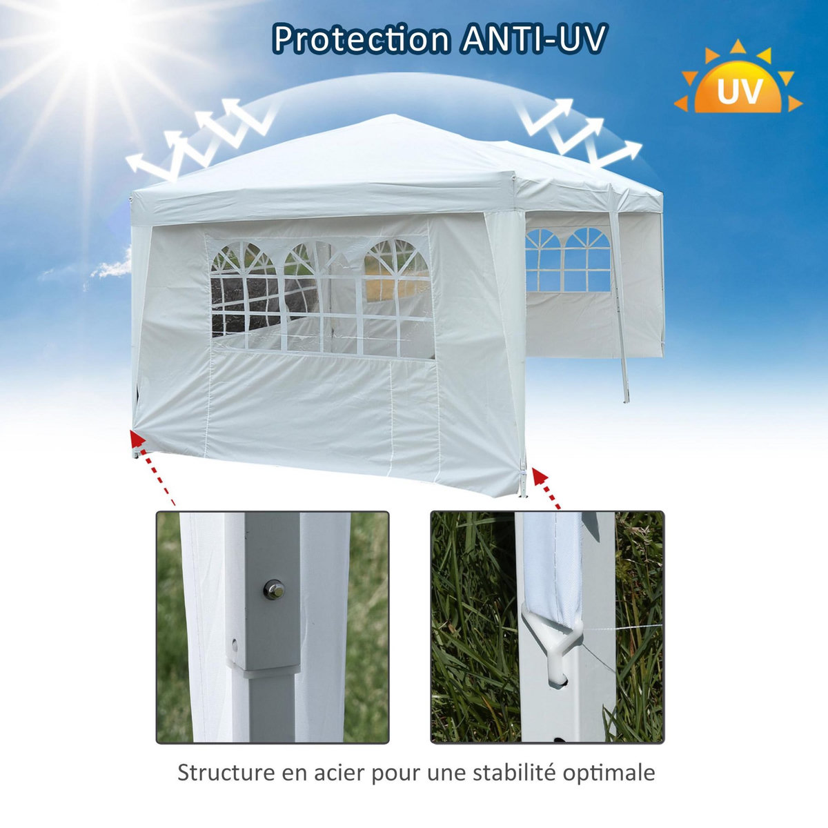 HOMCOM Tonnelle pliante - tente de réception - 3 x 6 m - pavillon chapiteau barnum - 3 cotés démontables - piquets d'ancrage au sol + sac de transport inclus blanc