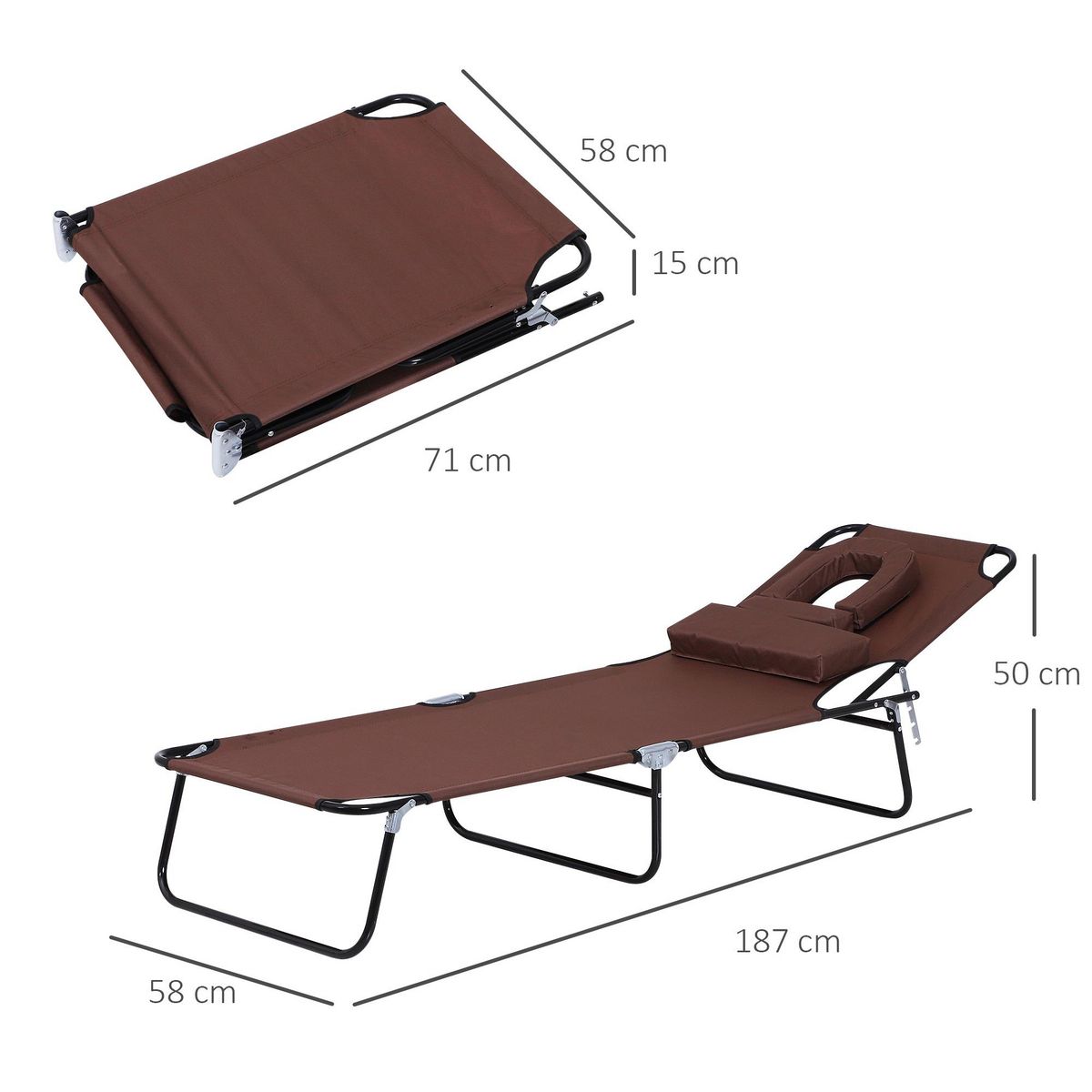 OUTSUNNY Bain de soleil pliable transat inclinable 4 positions chaise longue de lecture 3 coussins fournis marron