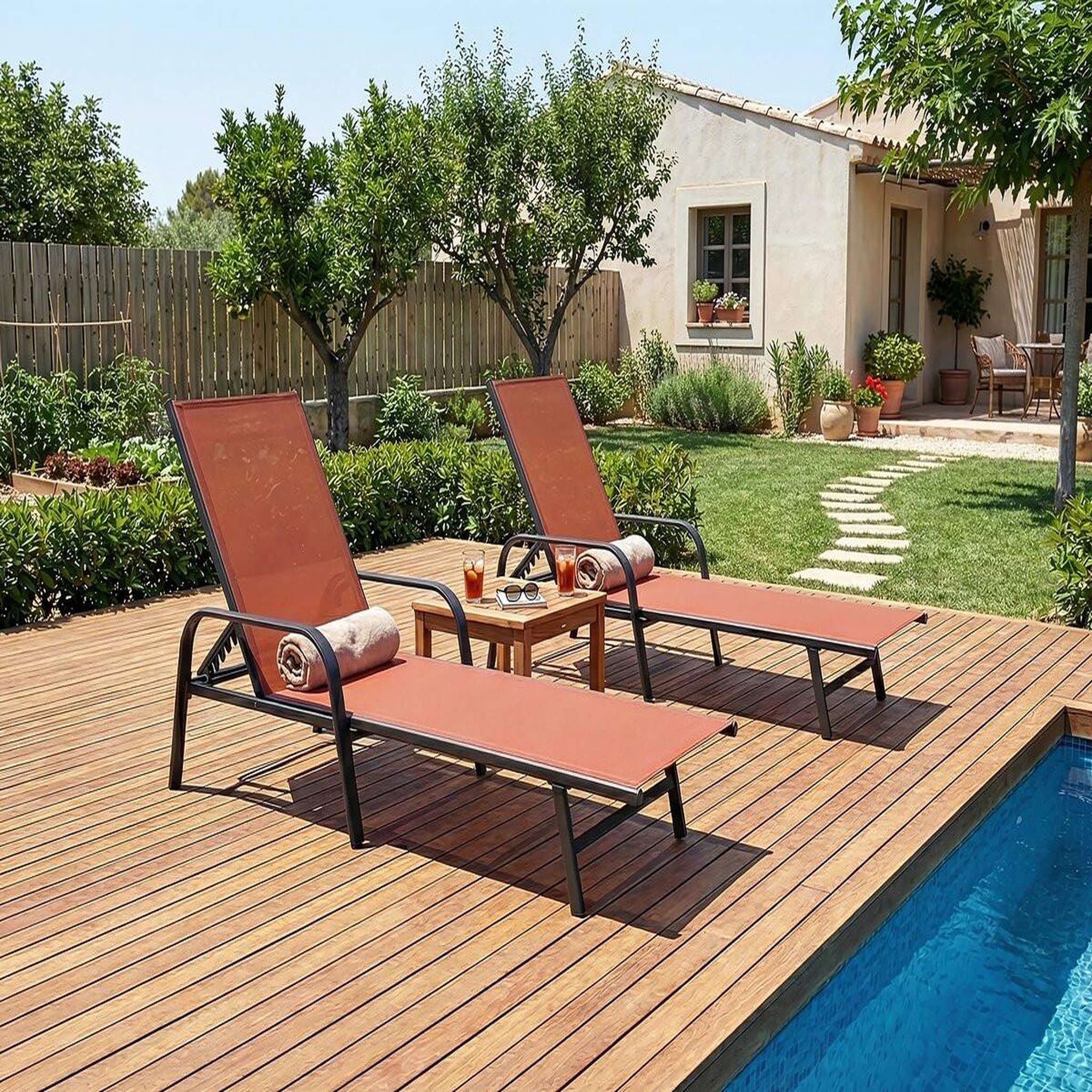 Voir la diapositive 2 : Habitat et Jardin Lot de 2 bains de soleil en métal avec accoudoirs  farniente - terracotta