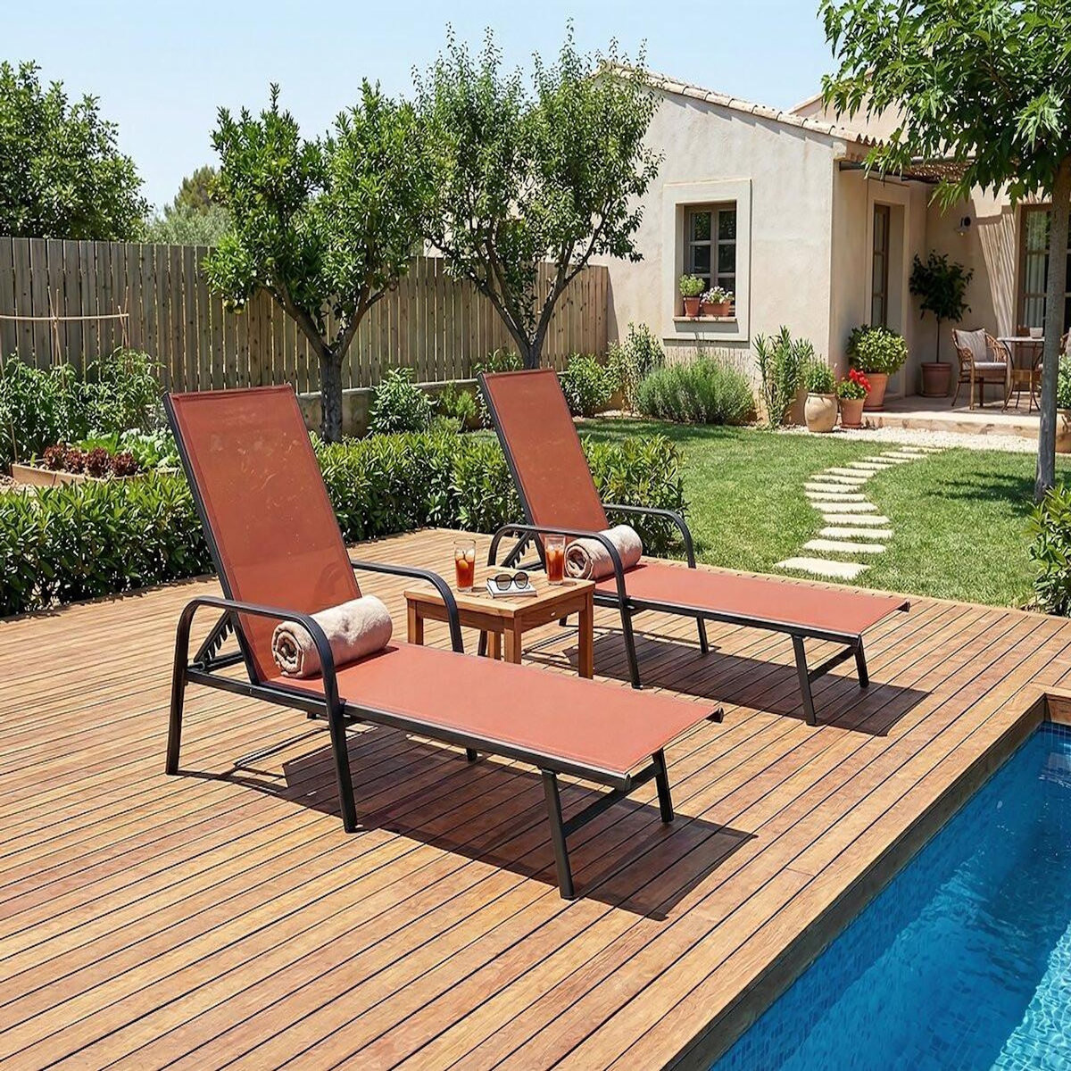 Habitat et Jardin Lot de 2 bains de soleil en métal avec accoudoirs  Farniente - Terracotta
