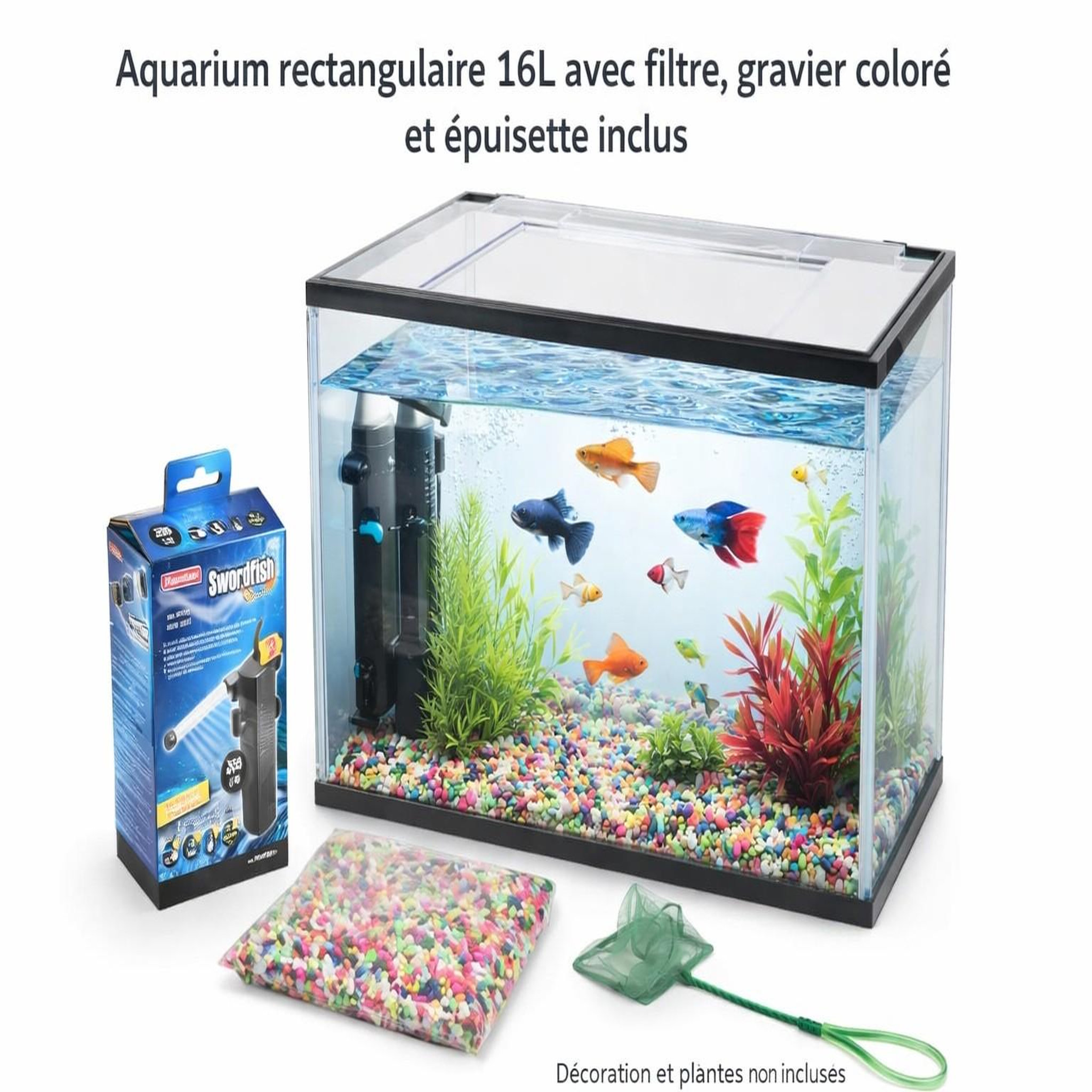 Voir la diapositive 3 : Eden Kit aquarium rectangulaire 16l avec filtre, gravier et épuisette