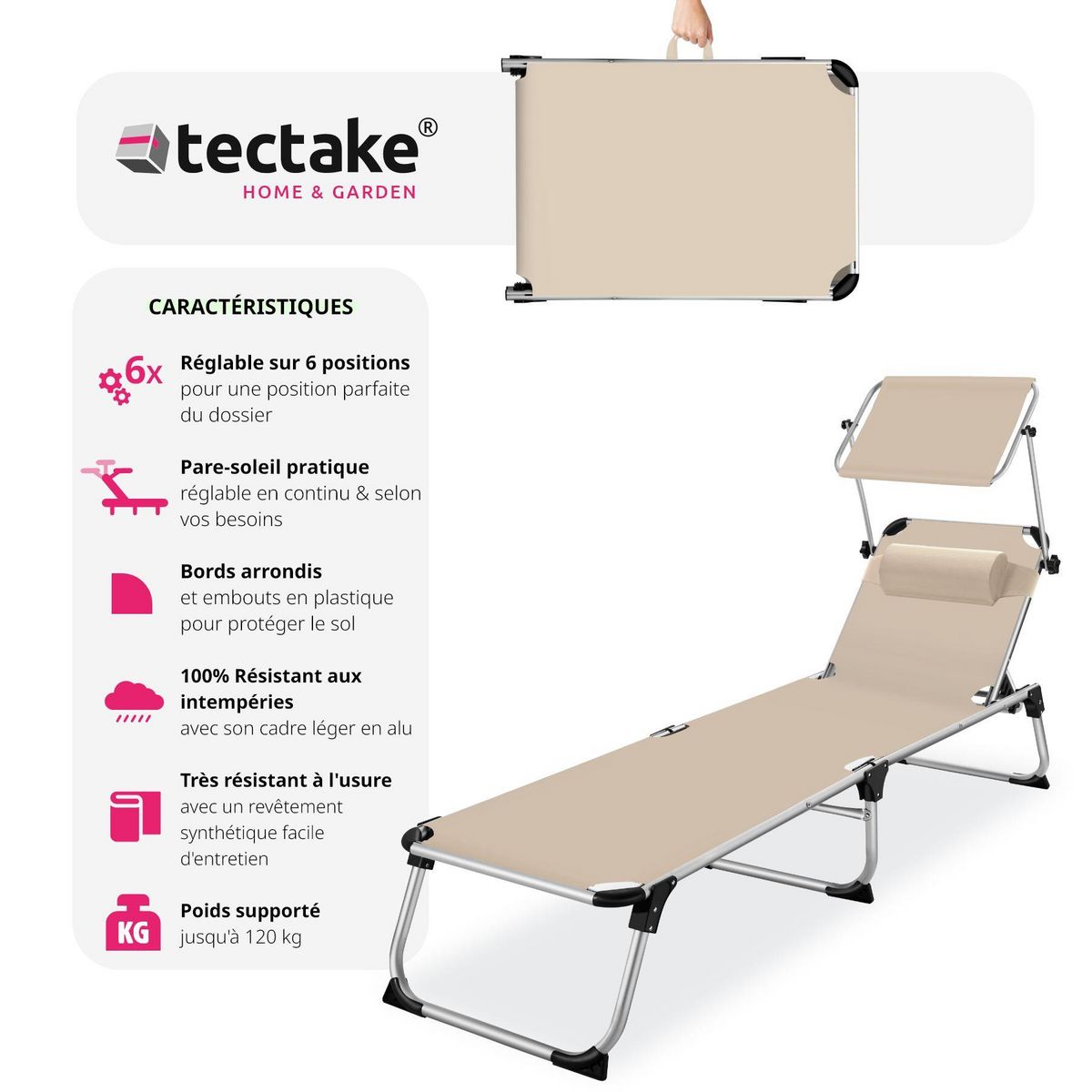 tectake Bain de soleil Transat Chaise longue Pliable