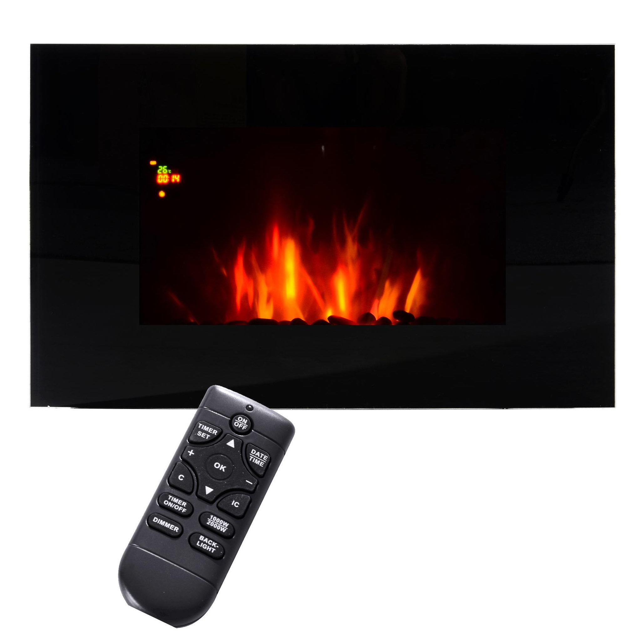 Voir la diapositive 5 : HOMCOM Cheminée électrique murale LED 7 effets flammes + 7 couleurs ambiance + galets télécommande thermostat 1000-2000 W minuterie noir