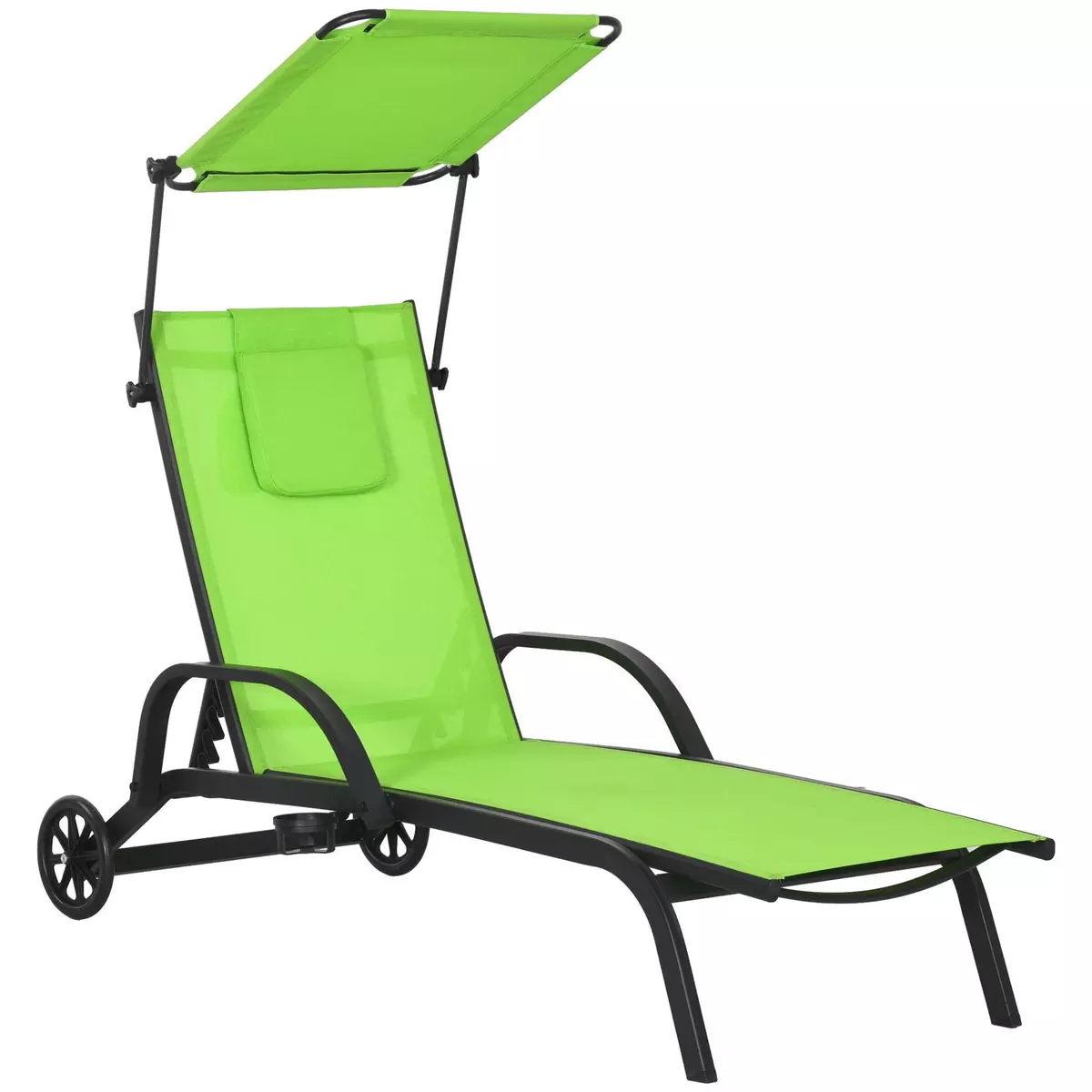 OUTSUNNY Bain de soleil transat inclinable pare-soleil réglable roulettes acier textilène vert