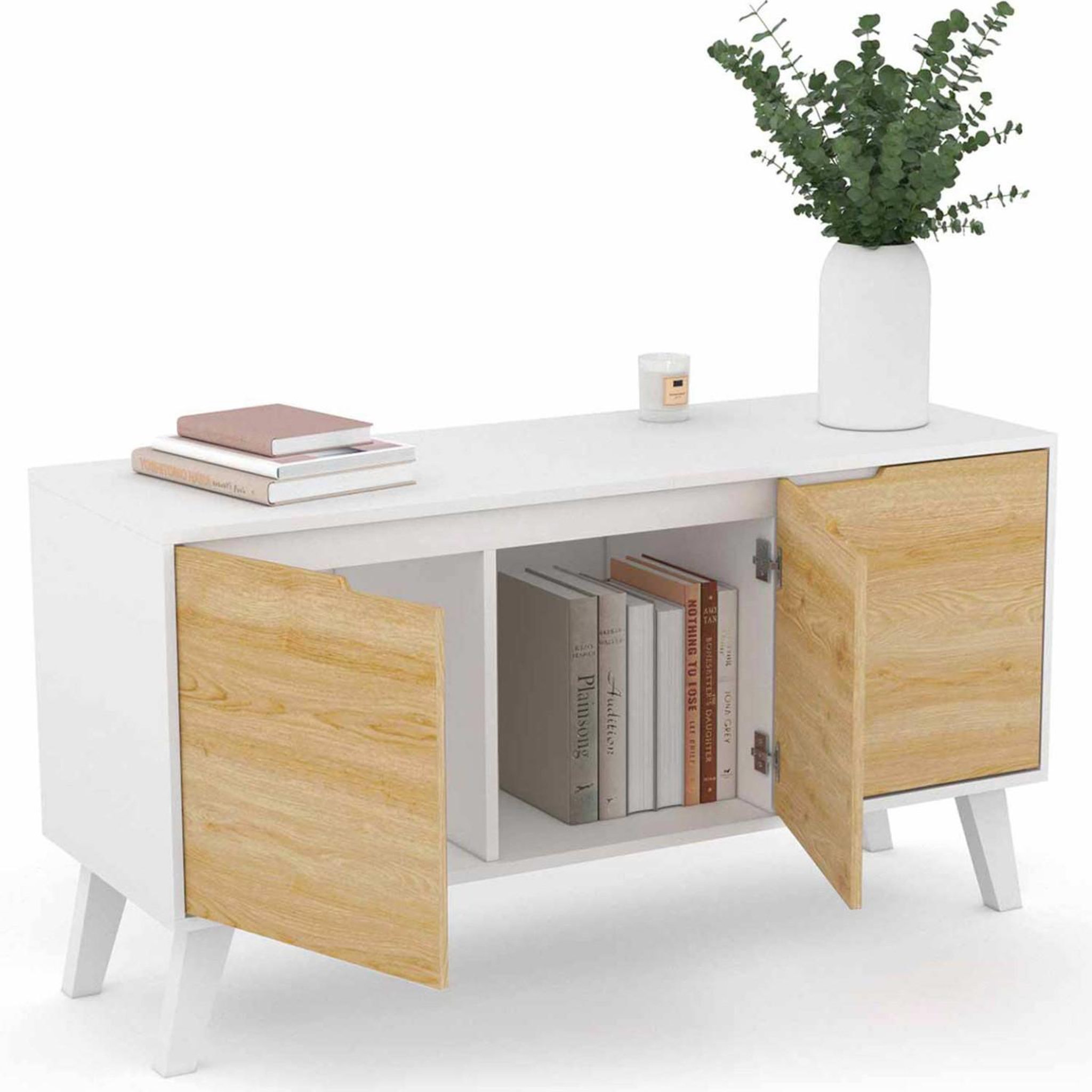 Voir la diapositive 4 : ID MARKET Buffet bas scandinave 113 cm finn 3 portes blanc et façon hêtre